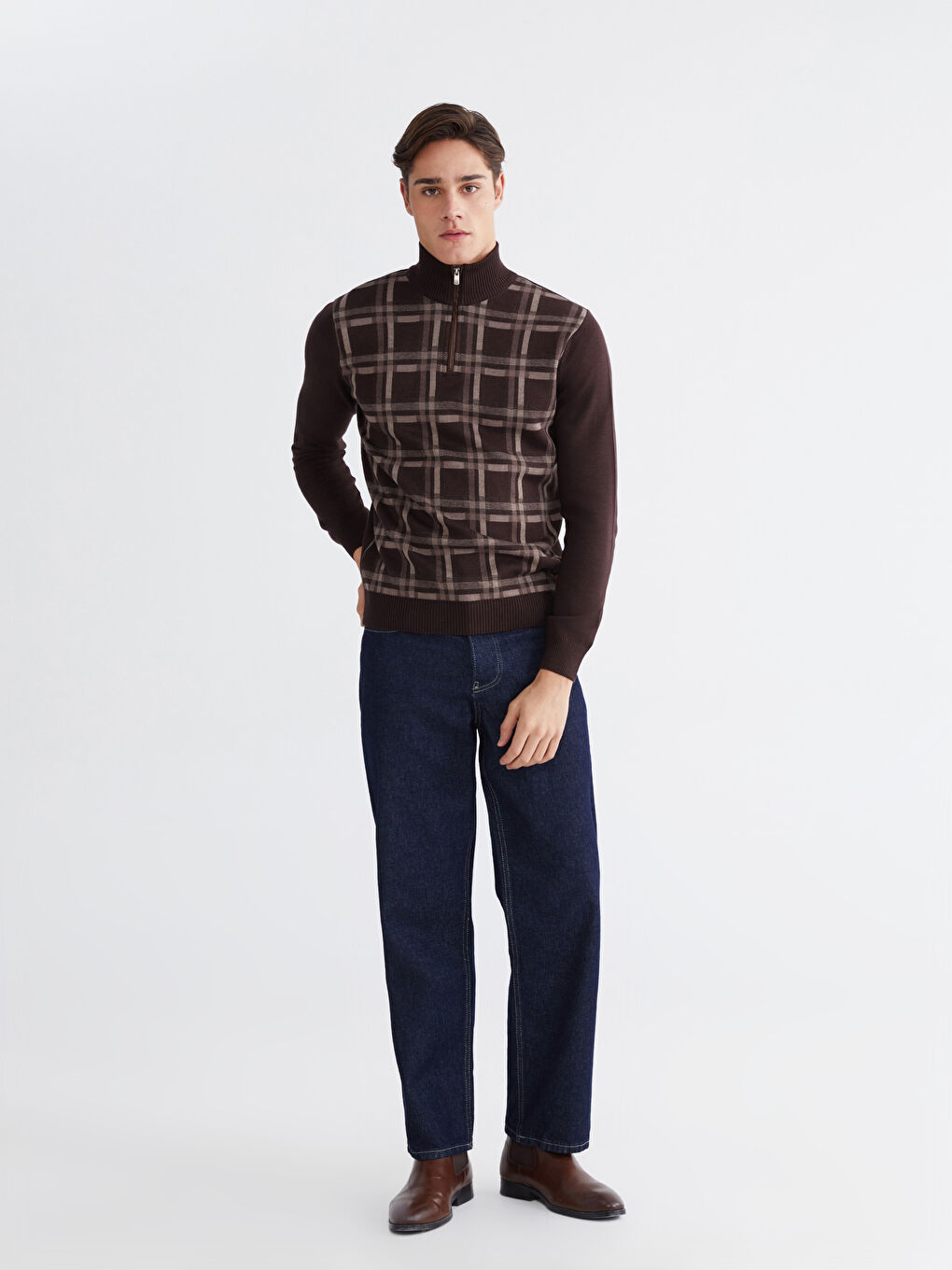 Kahverengi Dik Yaka Erkek Triko Kazak-1