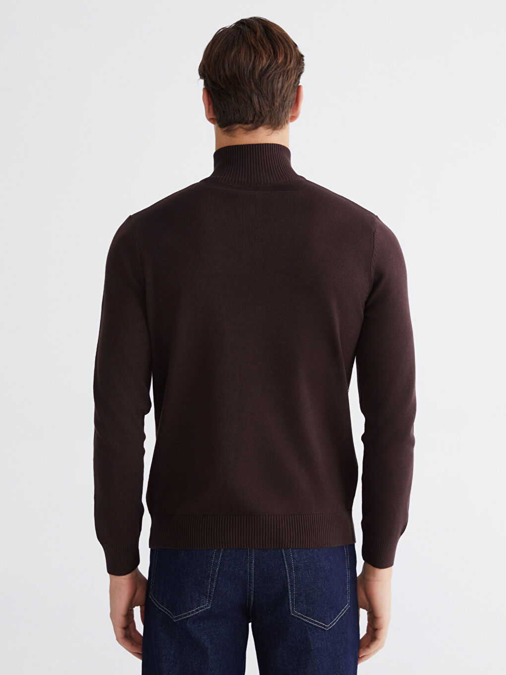 Kahverengi Dik Yaka Erkek Triko Kazak-3