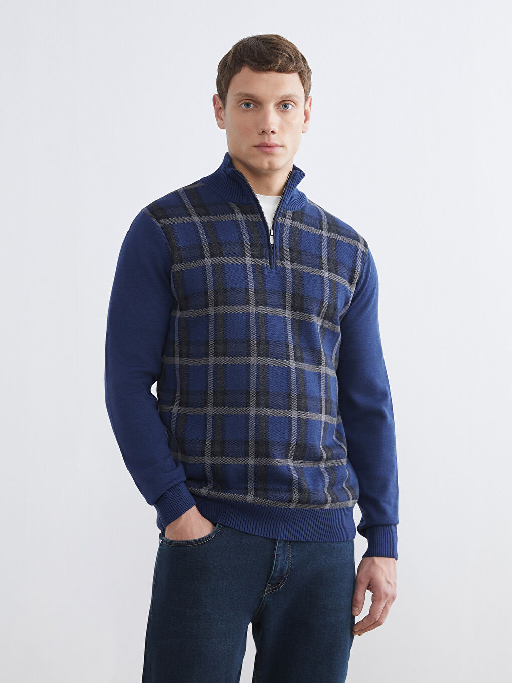 Mavi Dik Yaka Erkek Triko Kazak