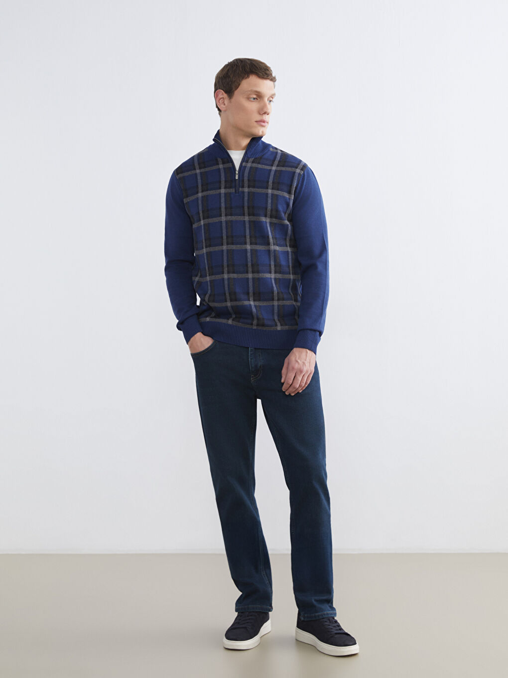 Mavi Dik Yaka Erkek Triko Kazak-1