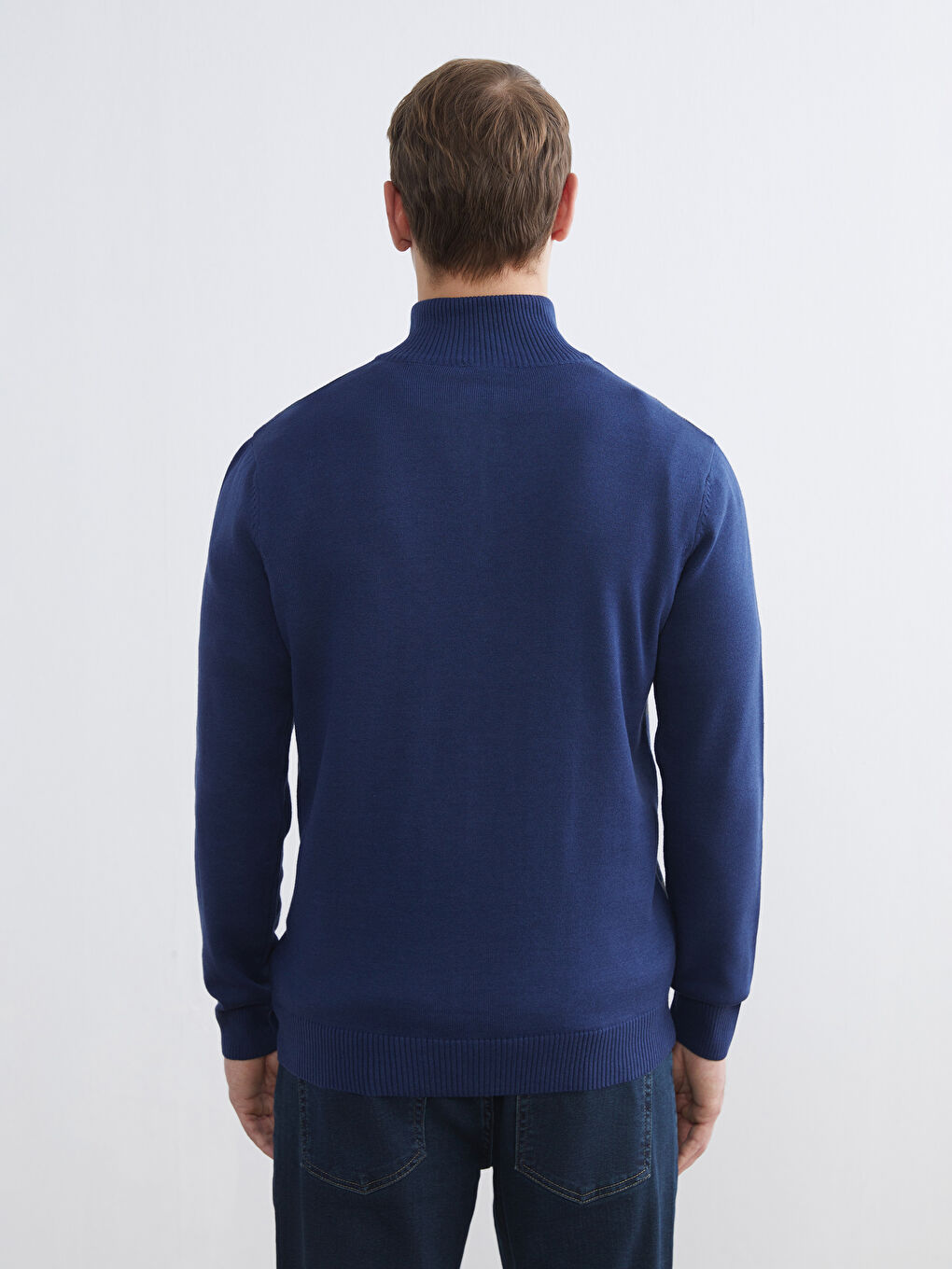 Mavi Dik Yaka Erkek Triko Kazak-3