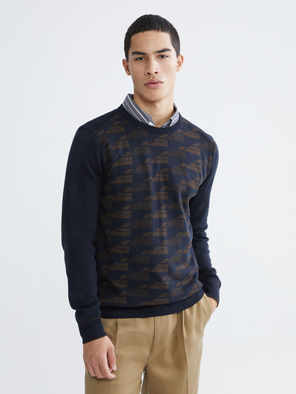 Lacivert Bisiklet Yaka Desenli Erkek Triko Kazak