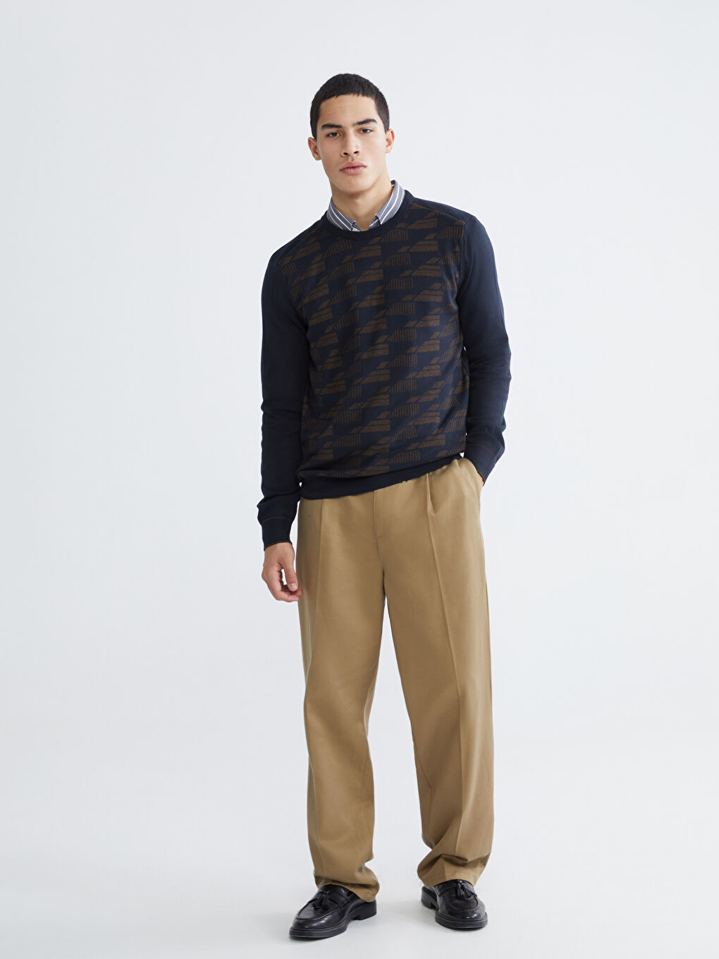 Lacivert Bisiklet Yaka Desenli Erkek Triko Kazak-1