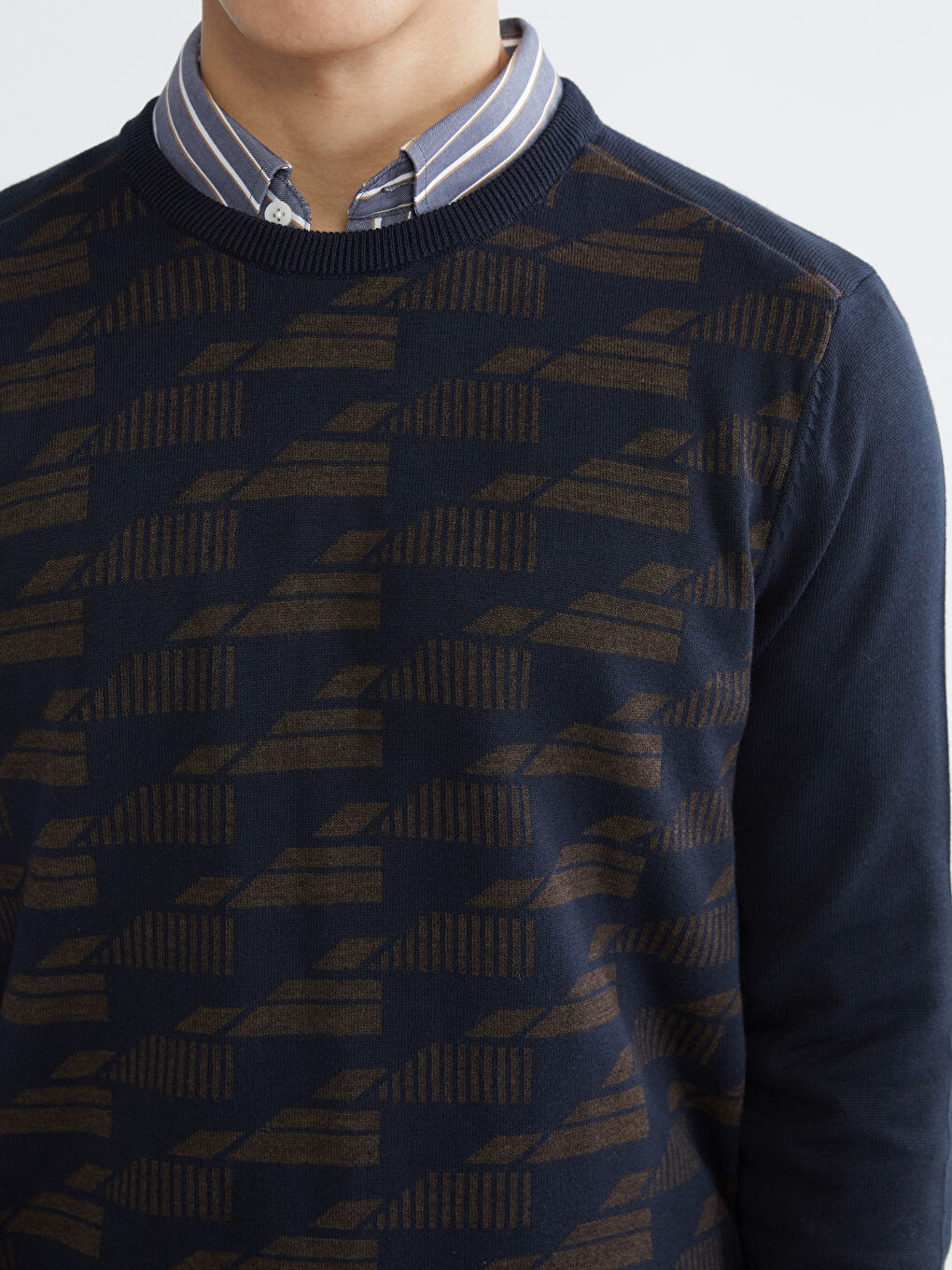 Lacivert Bisiklet Yaka Desenli Erkek Triko Kazak-2