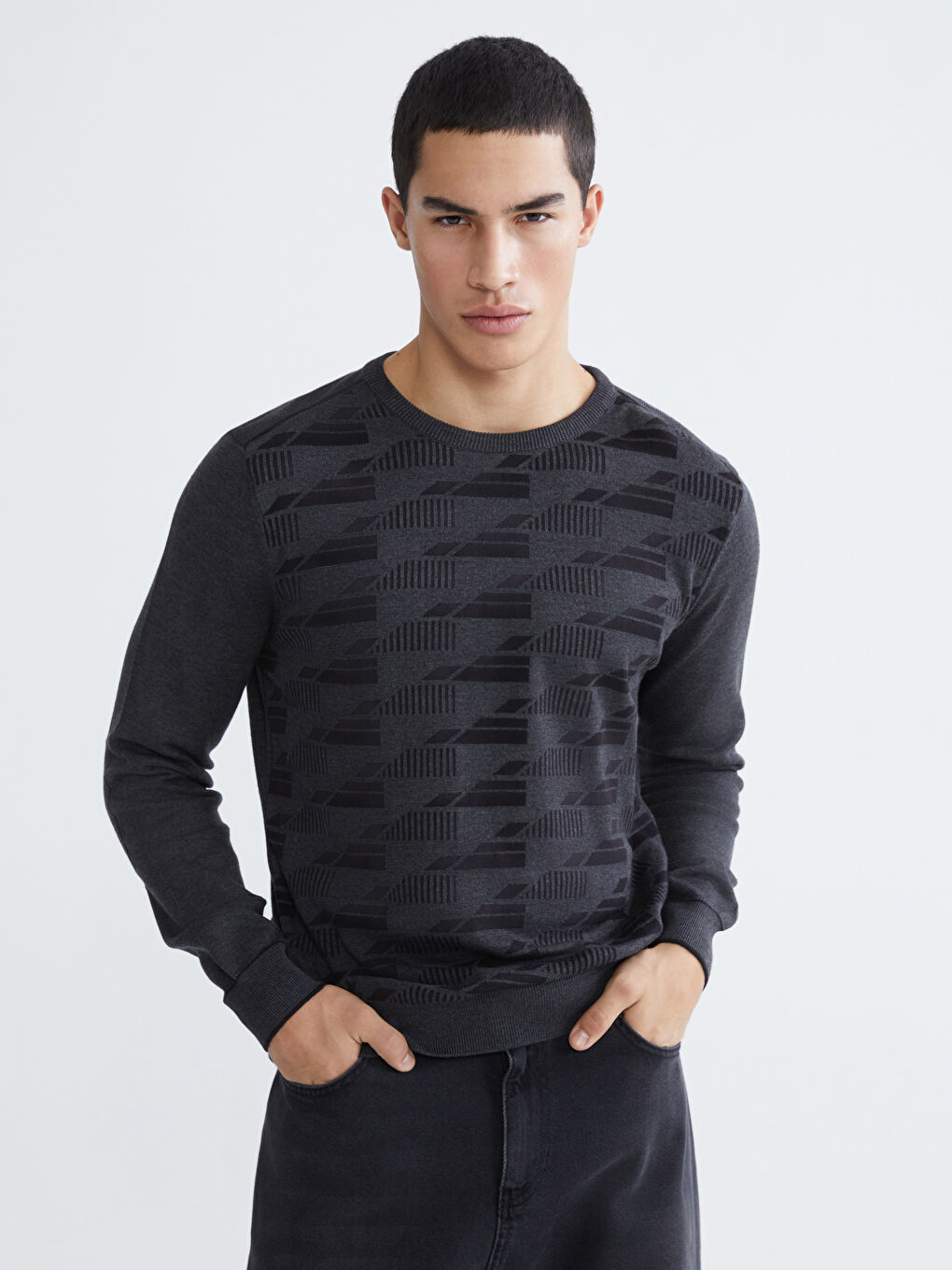 Antrasit Bisiklet Yaka Desenli Erkek Triko Kazak