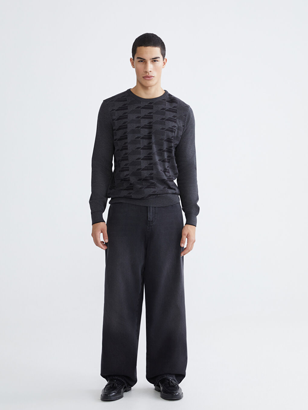 Antrasit Bisiklet Yaka Desenli Erkek Triko Kazak-1