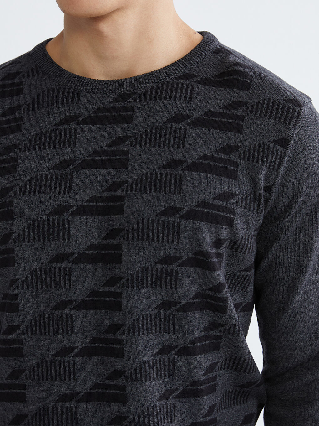 Antrasit Bisiklet Yaka Desenli Erkek Triko Kazak-2