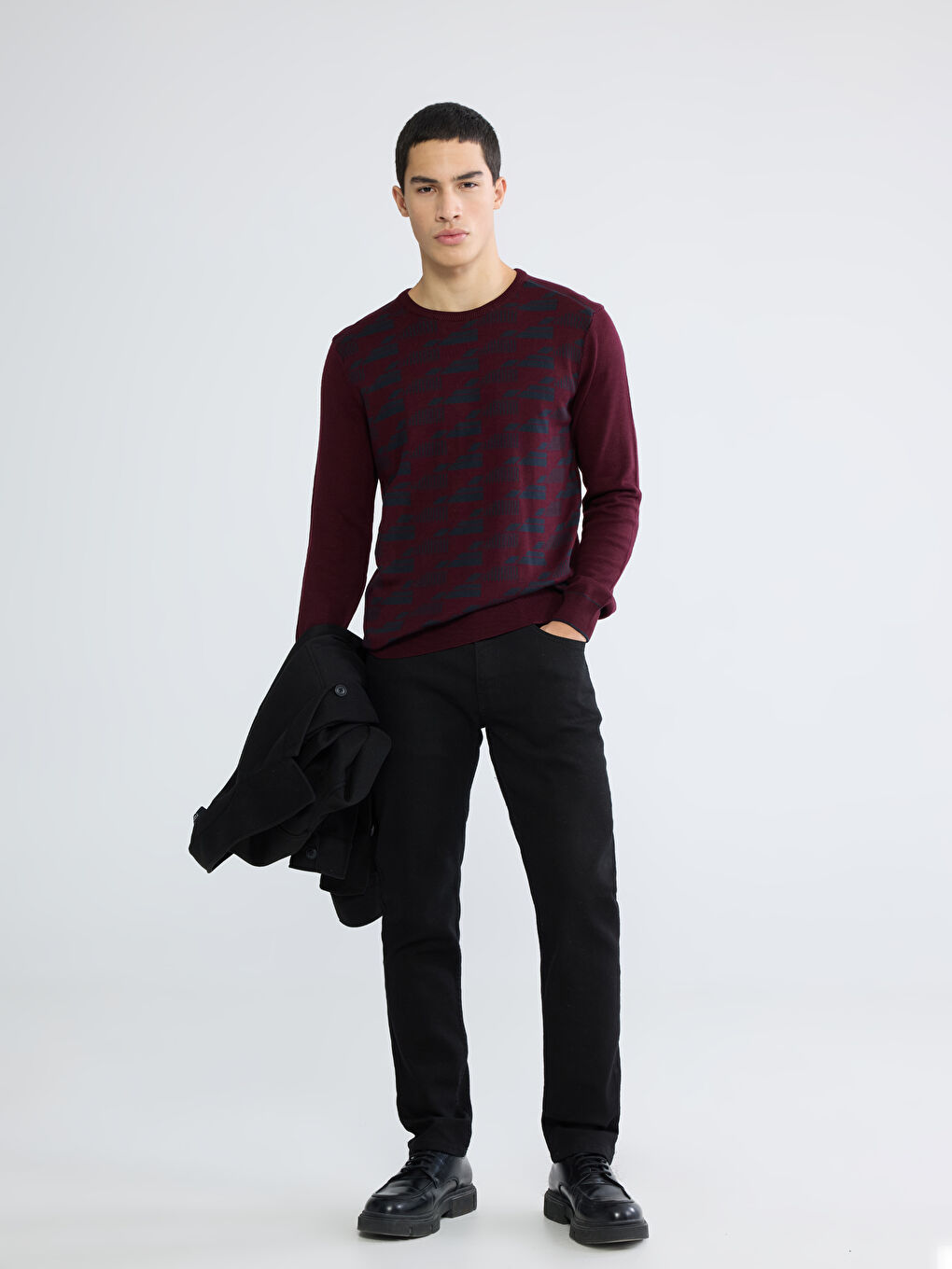 Mürdüm Bisiklet Yaka Desenli Erkek Triko Kazak-1