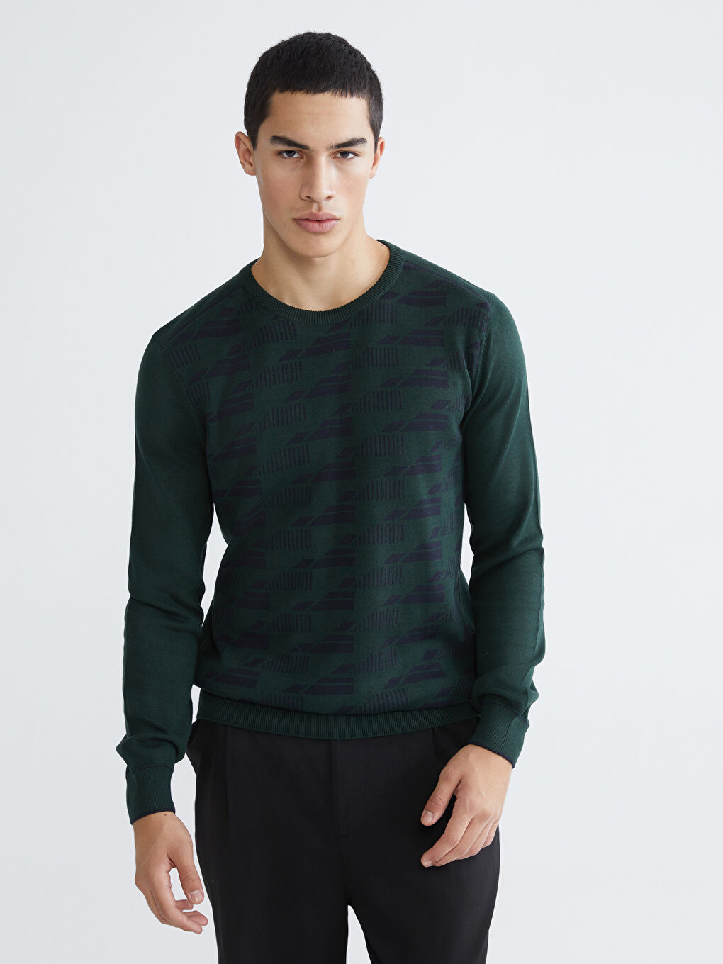 Yeşil Bisiklet Yaka Desenli Erkek Triko Kazak