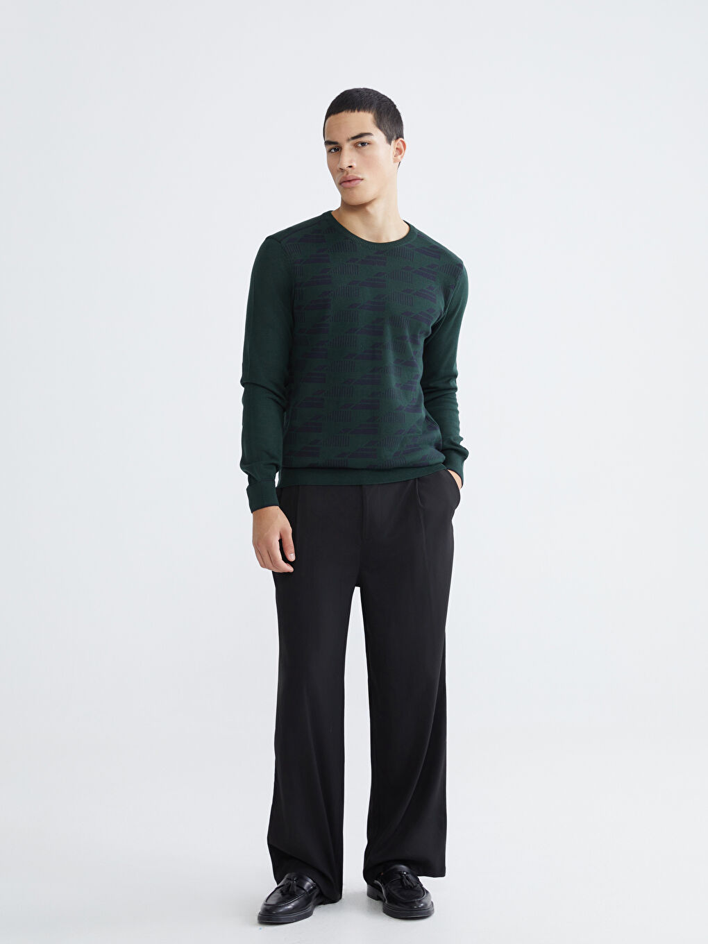 Yeşil Bisiklet Yaka Desenli Erkek Triko Kazak-1