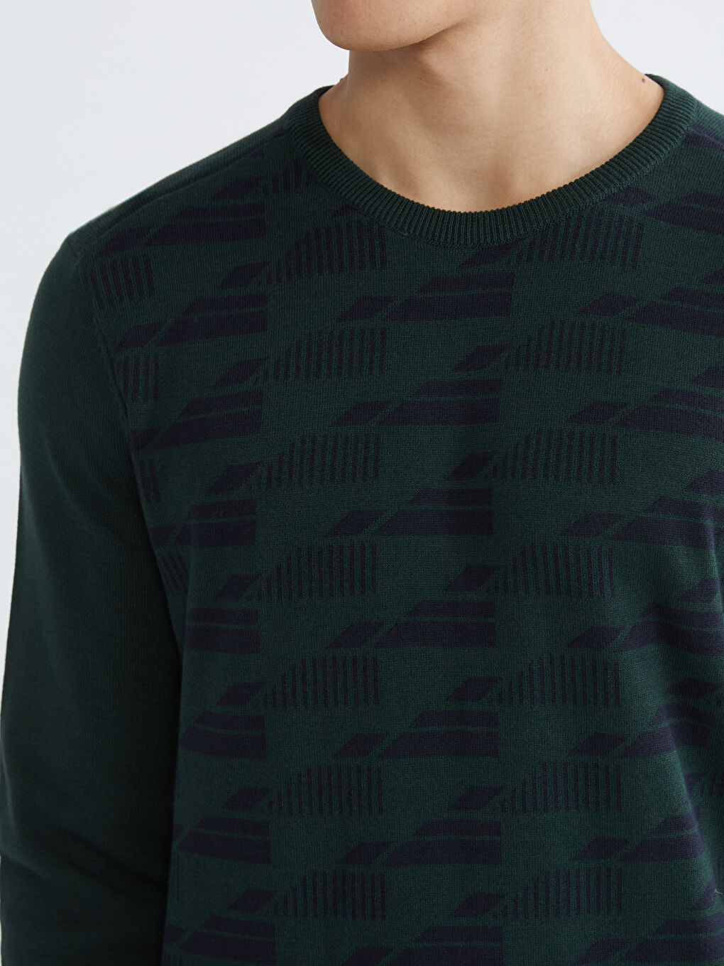 Yeşil Bisiklet Yaka Desenli Erkek Triko Kazak-2