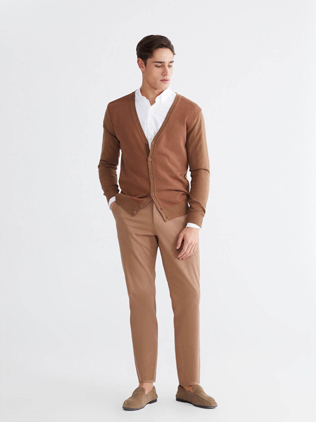 Turuncu Standart Kalıp V Yaka Erkek Triko Hırka-1