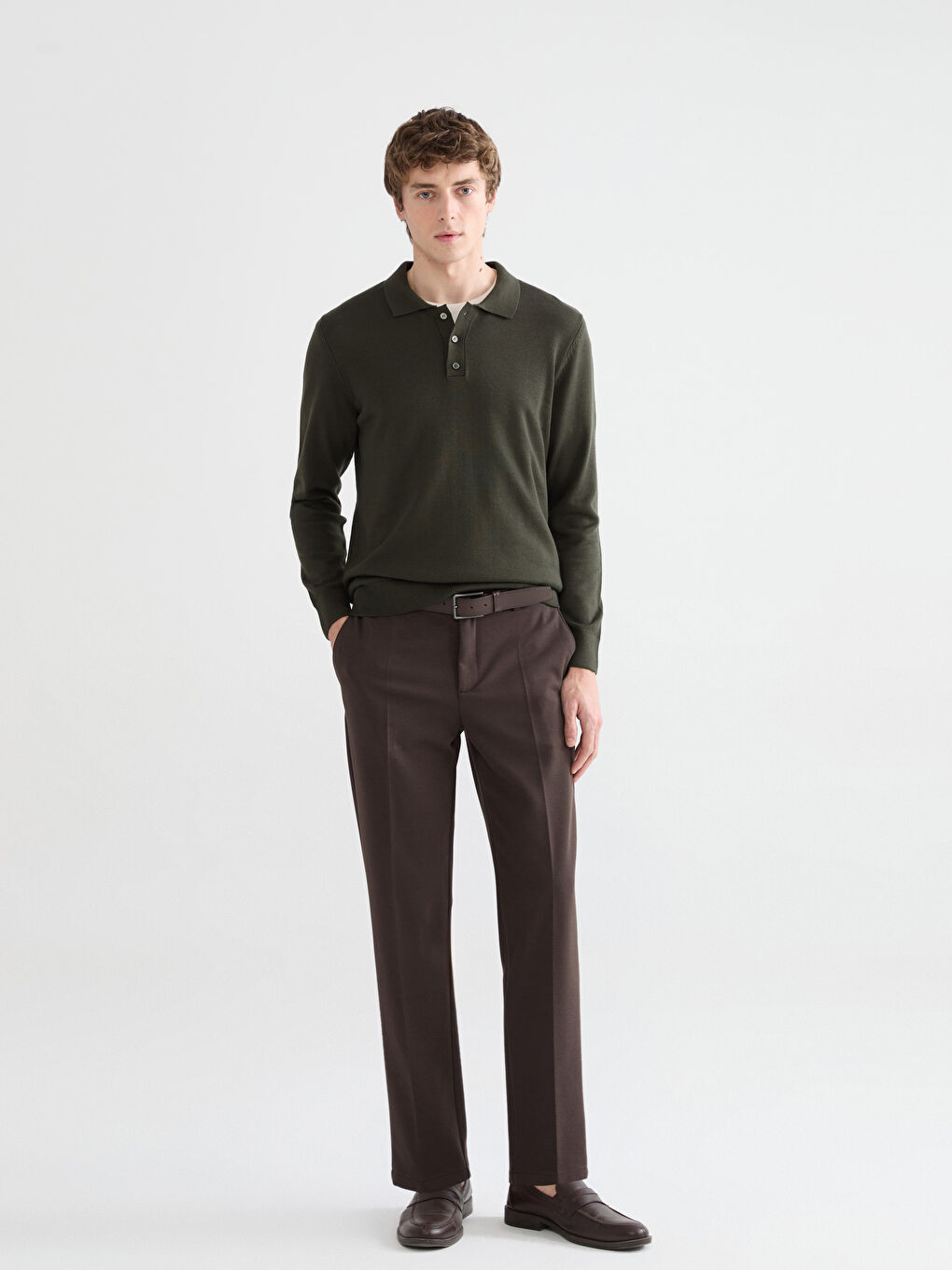 Haki Polo Yaka Erkek Triko Kazak-1