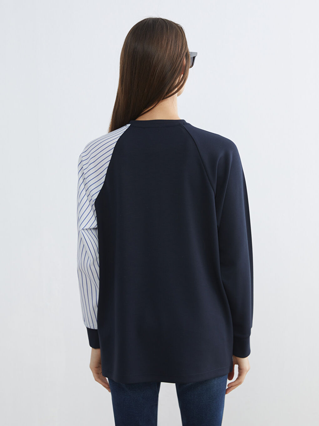 Lacivert Bisiklet Yaka Renk Bloklu Kadın Sweatshirt Tunik-3