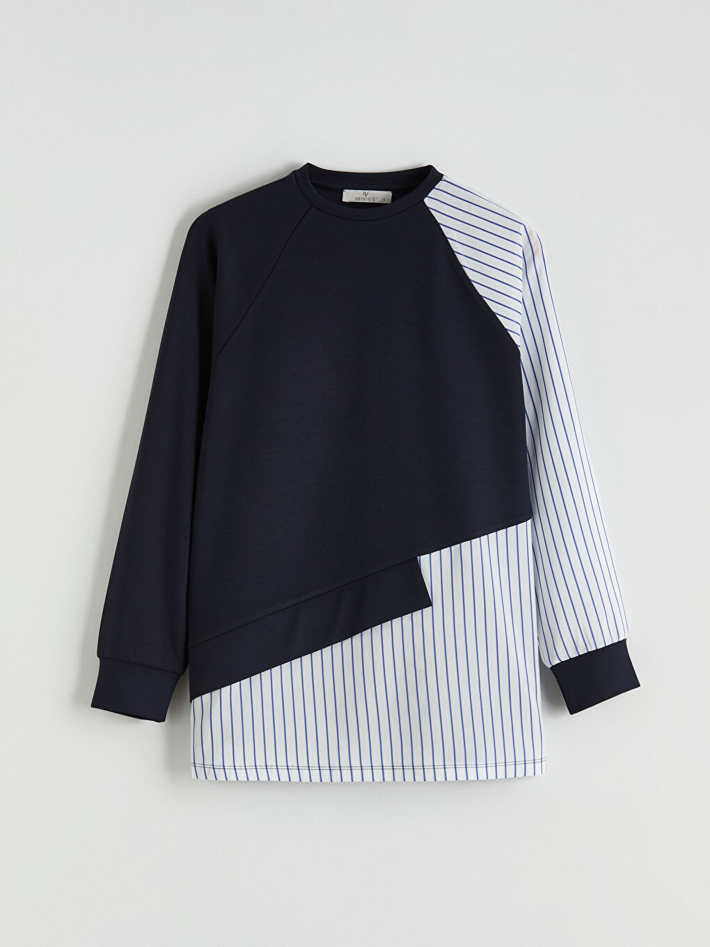 Lacivert Bisiklet Yaka Renk Bloklu Kadın Sweatshirt Tunik-4