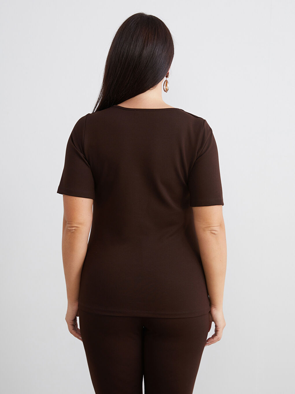 Kahverengi Büyük Beden Kare Yaka Bluz-3