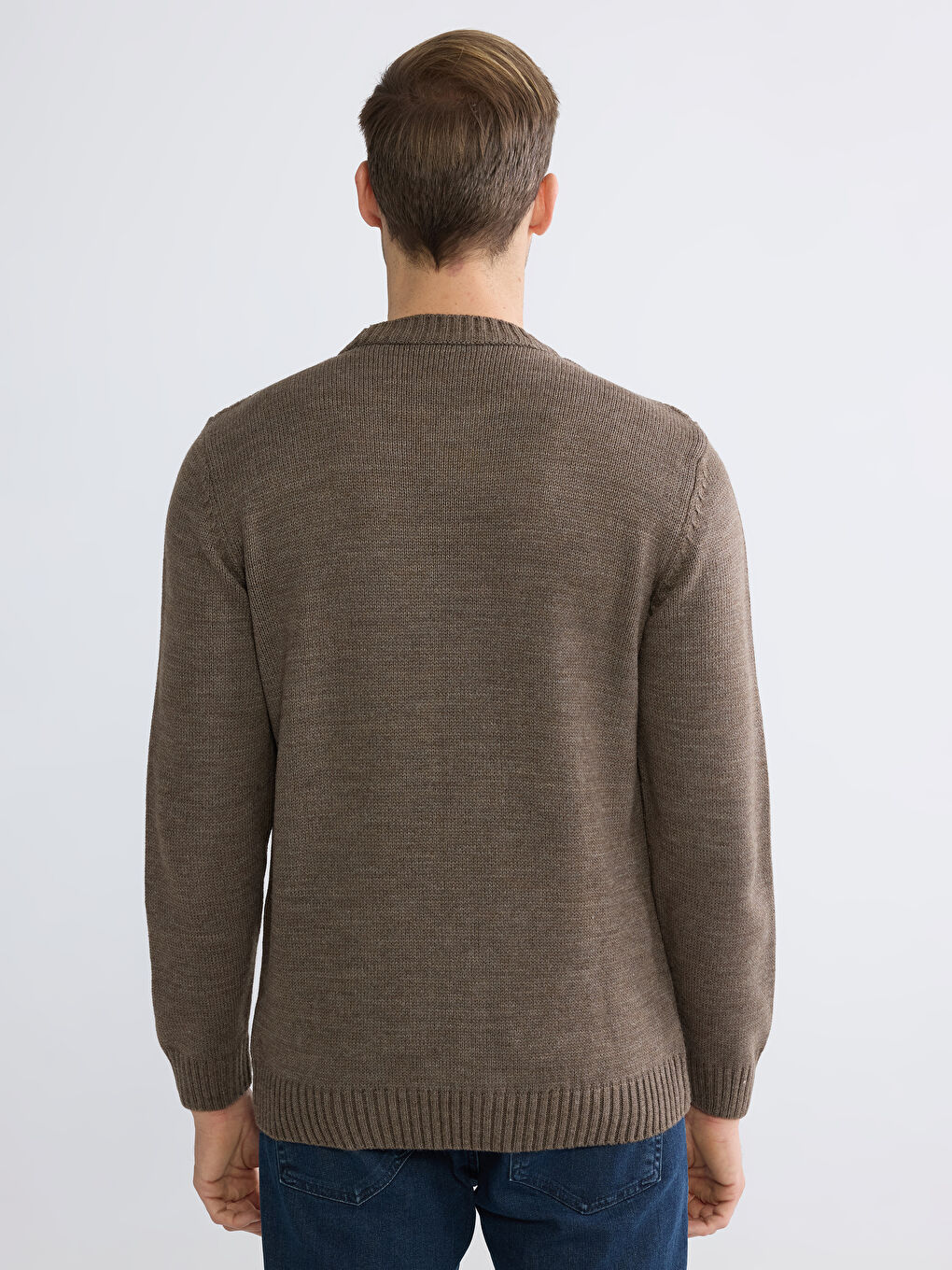 Kahverengi Bisiklet Yaka Baklava Desenli Erkek Triko Kazak-3