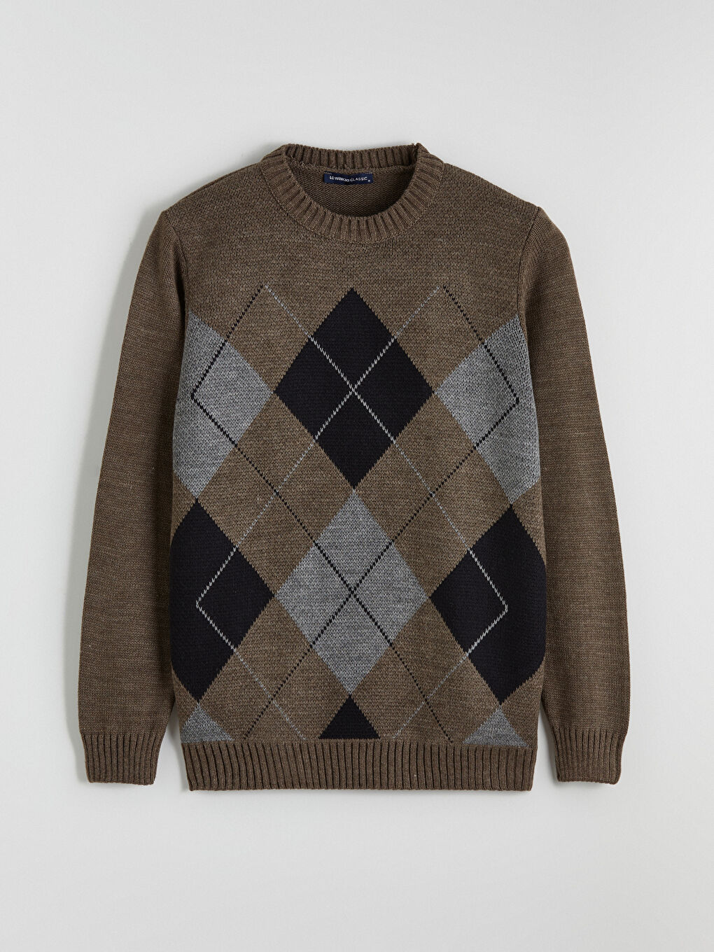 Kahverengi Bisiklet Yaka Baklava Desenli Erkek Triko Kazak-4