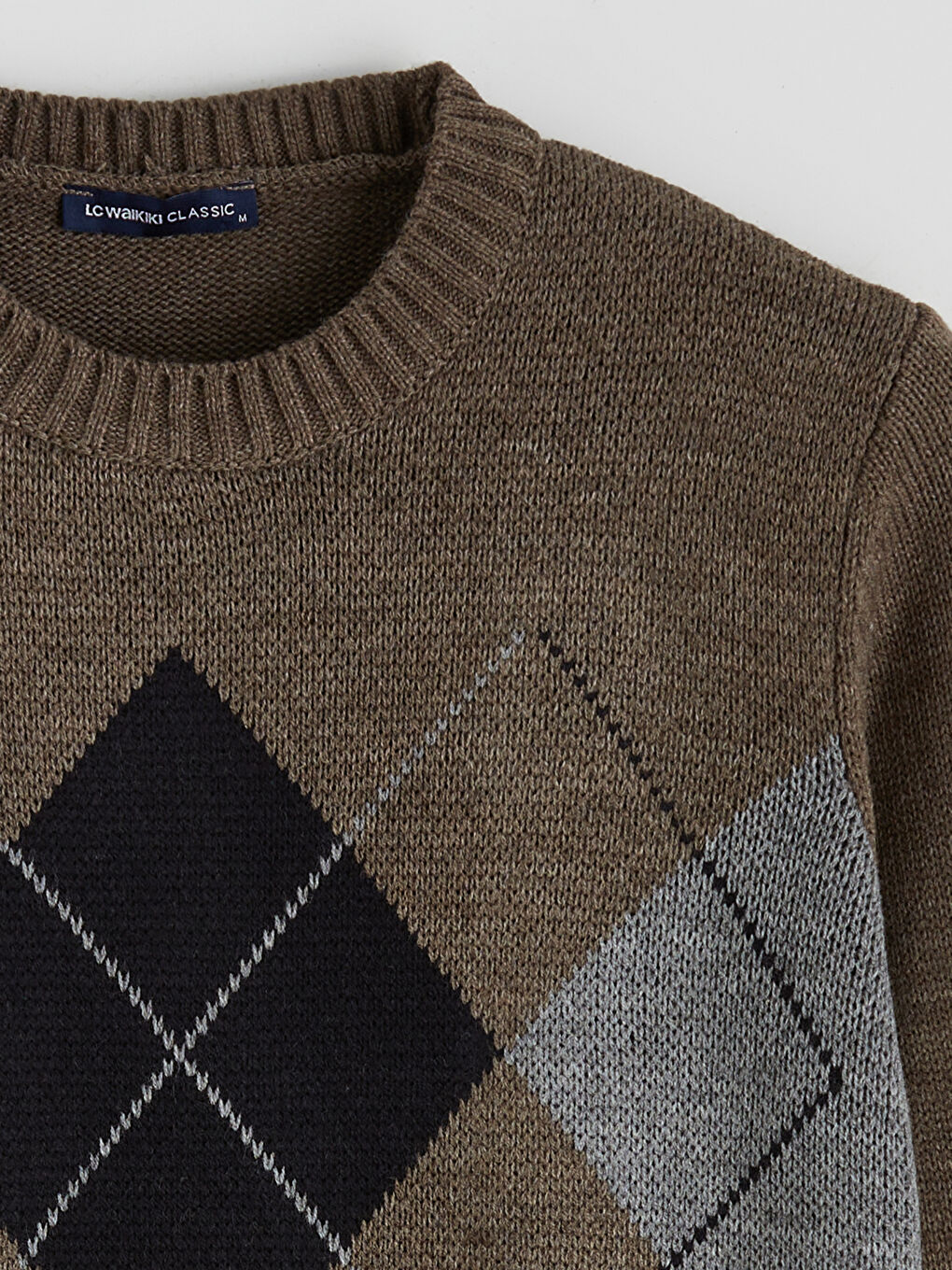 Kahverengi Bisiklet Yaka Baklava Desenli Erkek Triko Kazak-5