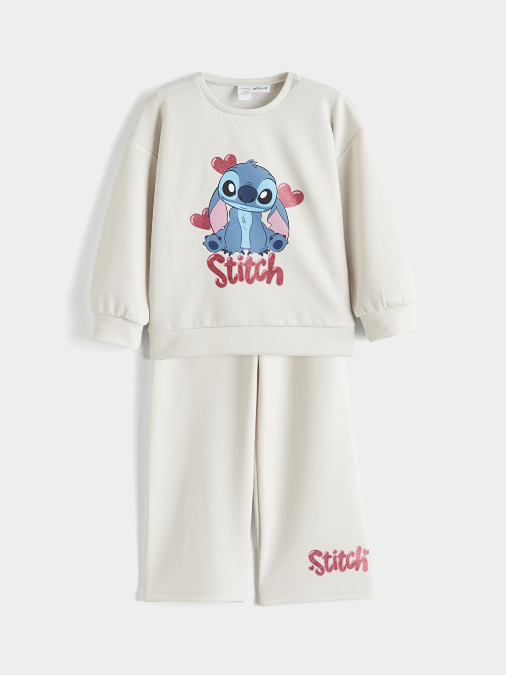 Bej Stitch Baskılı Kız Çocuk Sweatshirt ve Eşofman Alt