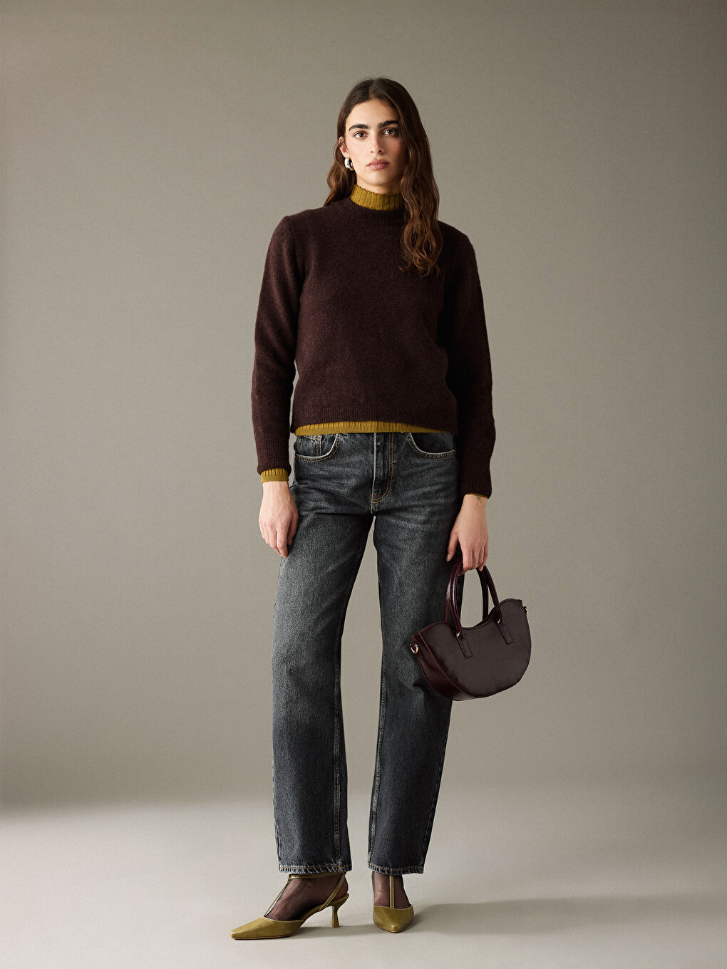 Kahverengi Bisiklet Yaka Kadın Triko Kazak	-3