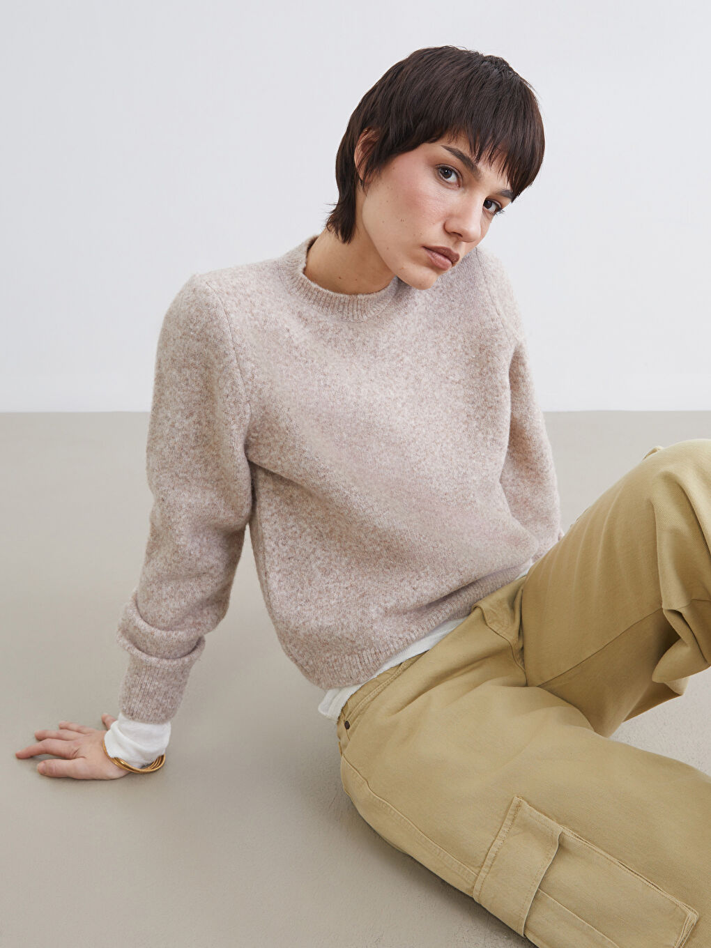 Bej Bisiklet Yaka Kadın Triko Kazak	