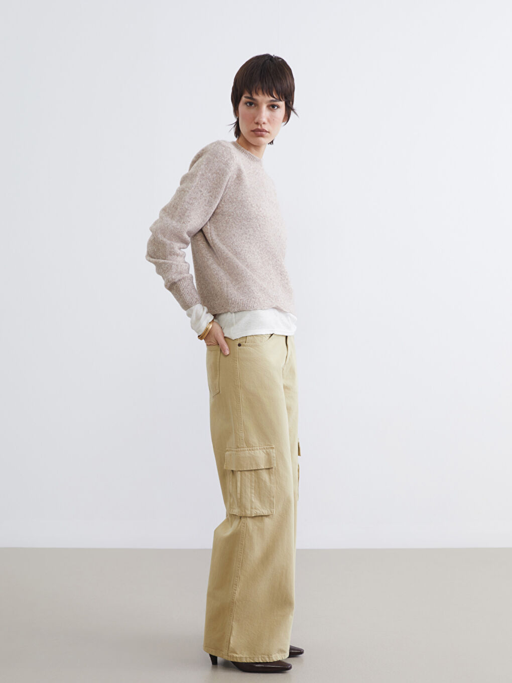 Bej Bisiklet Yaka Kadın Triko Kazak	-1