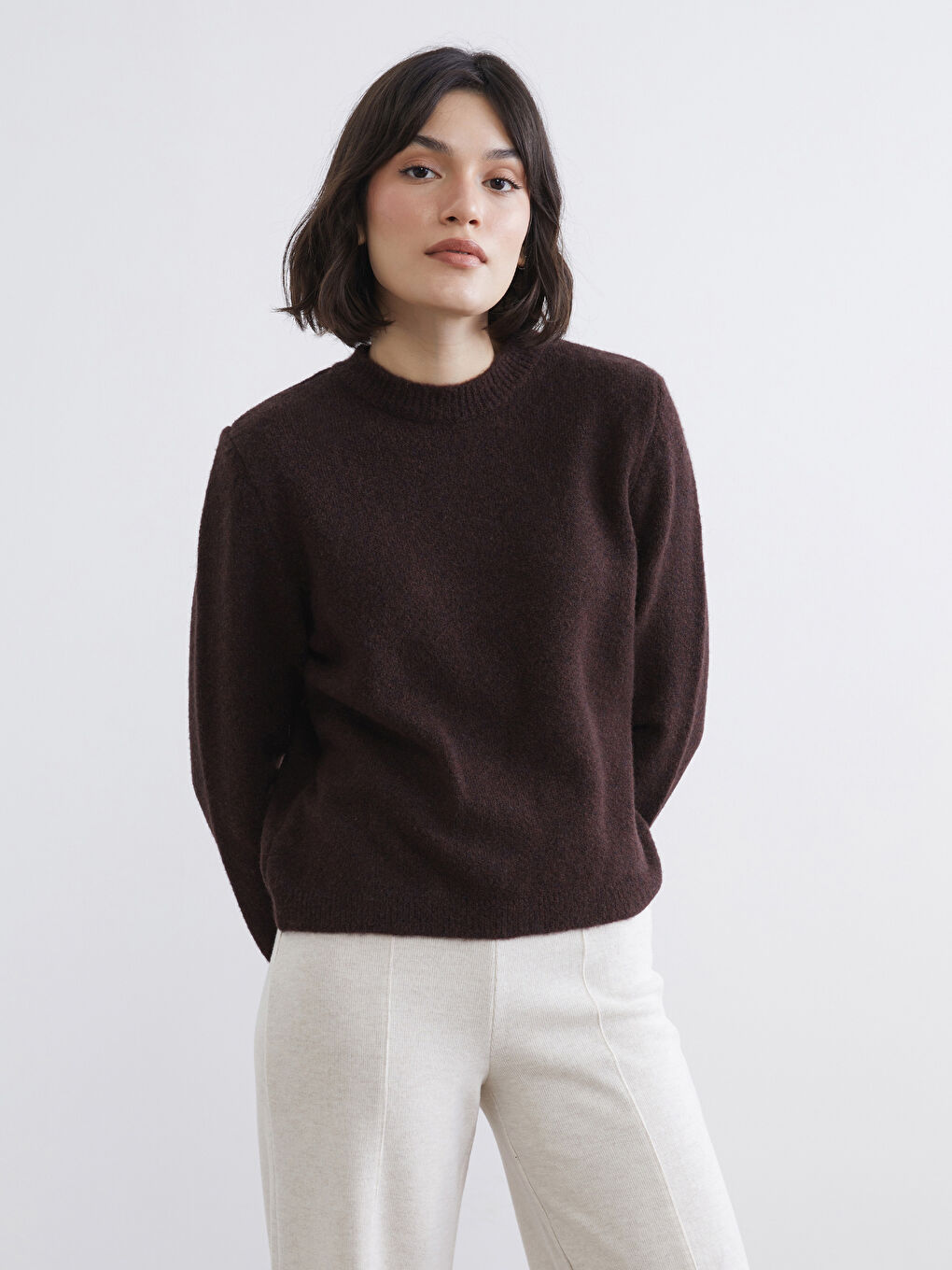 Kahverengi Bisiklet Yaka Kadın Triko Kazak	-1