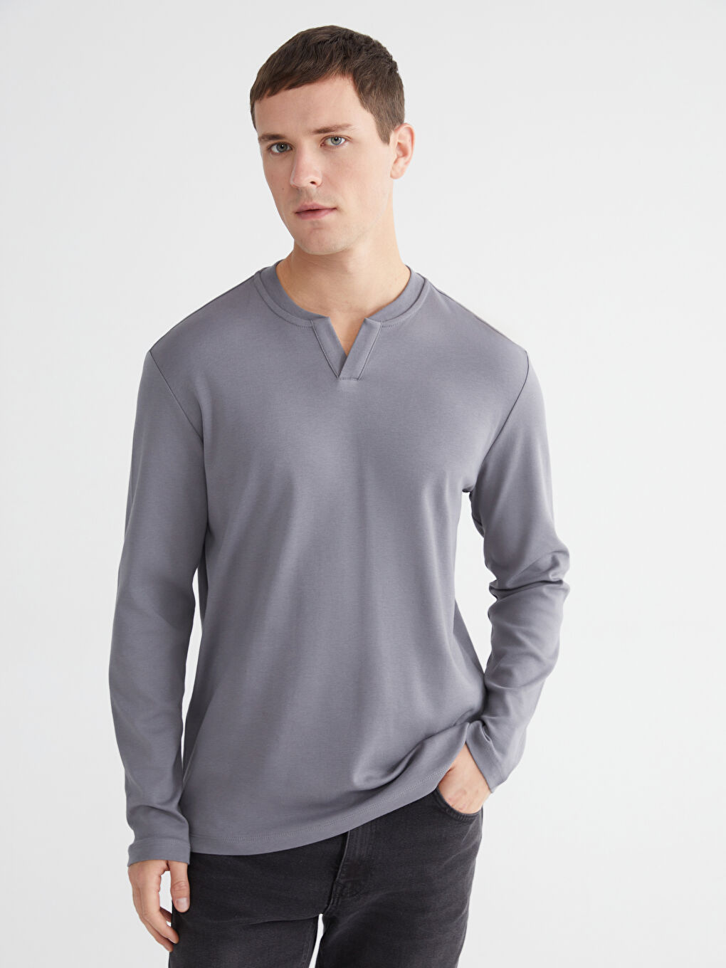 Gri Bisiklet Yaka Erkek Sweatshirt