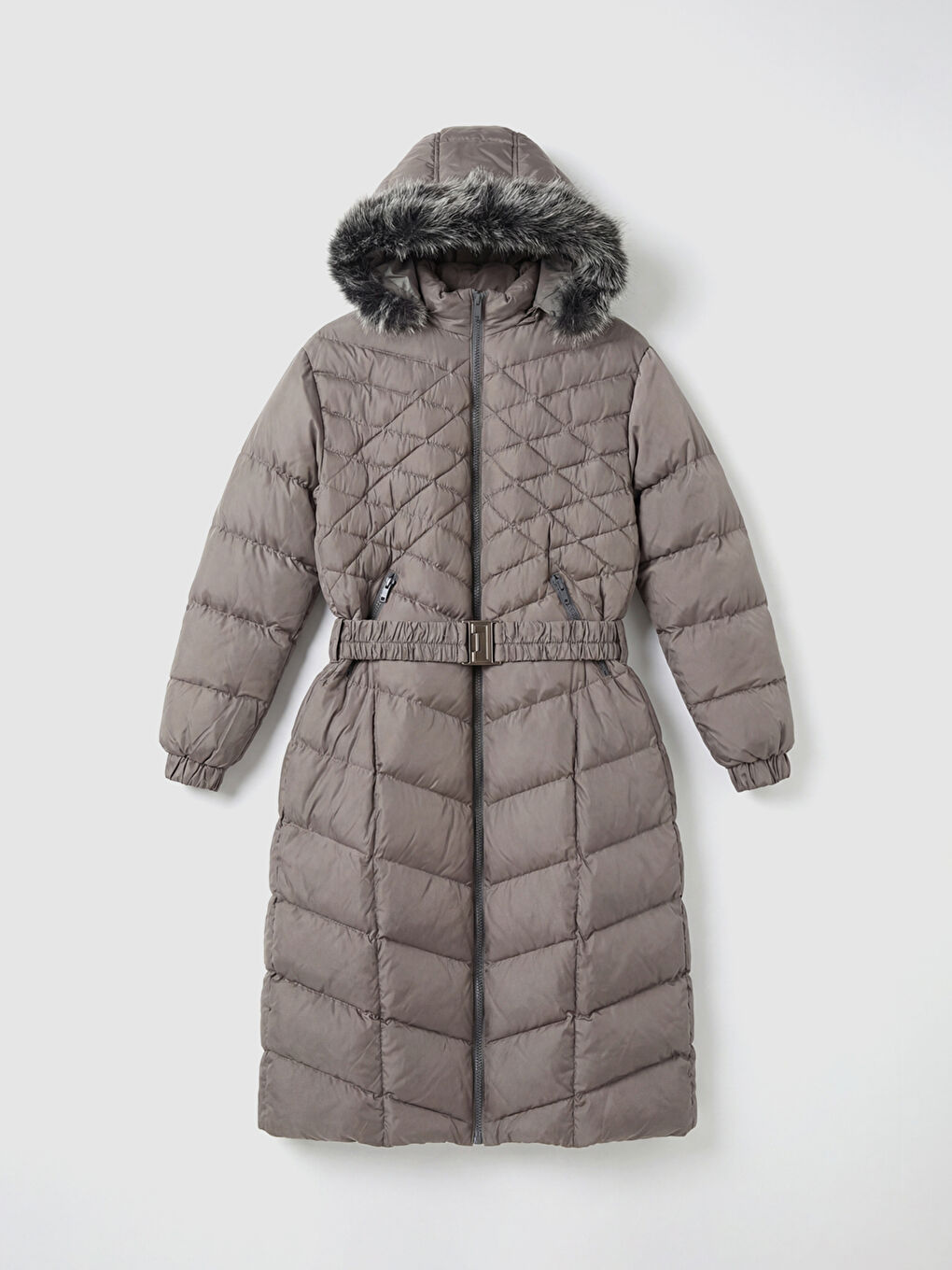 Karışık Kürklü Kapüşonlu Kapitone Kadın Şişme Mont-5