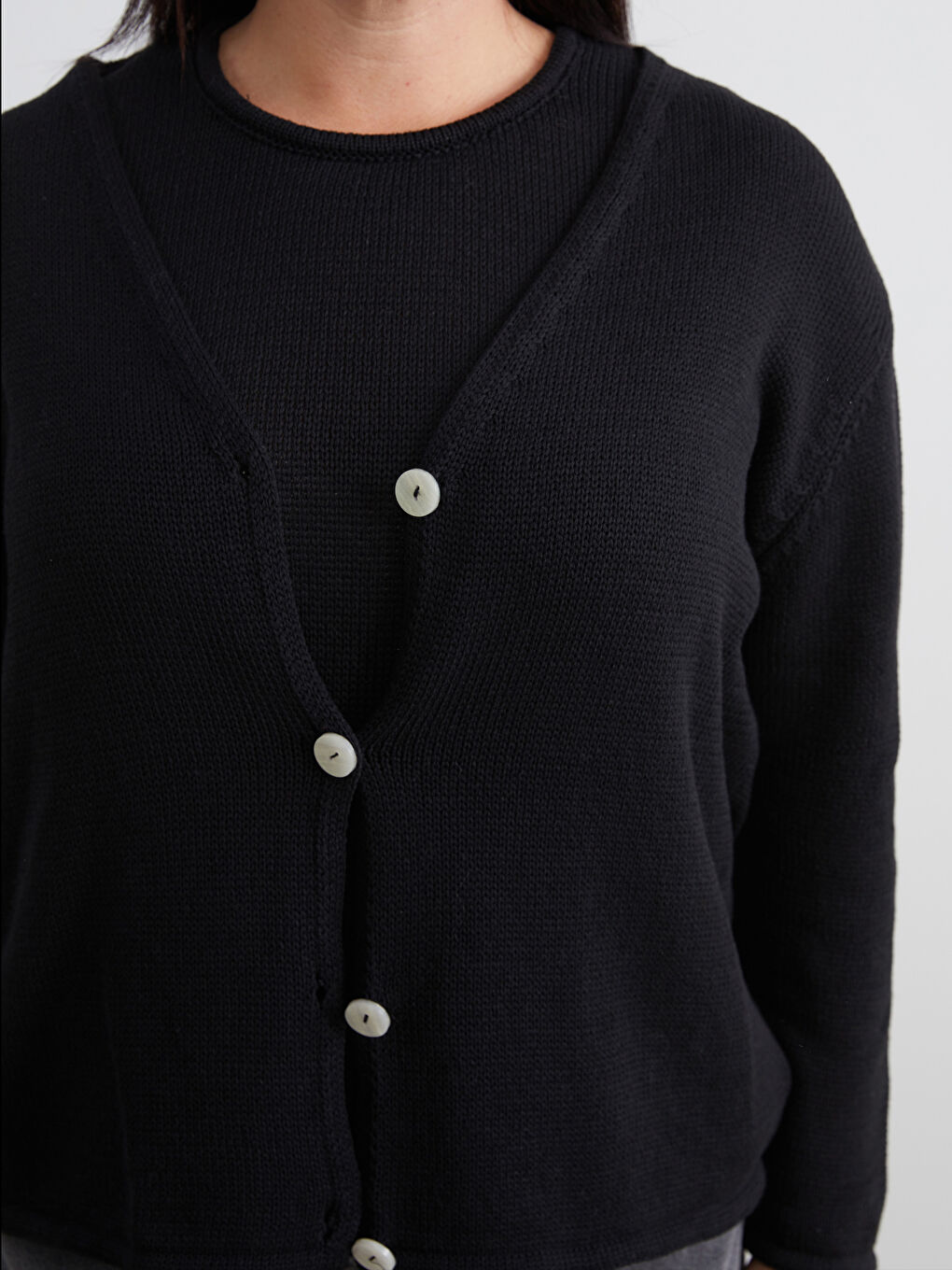 Siyah Büyük Beden V Yaka Kadın Triko Hırka-2