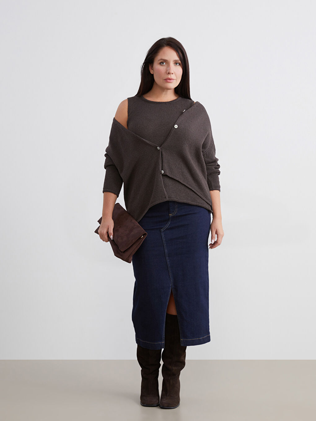 Kahverengi Büyük Beden V Yaka Kadın Triko Hırka-1