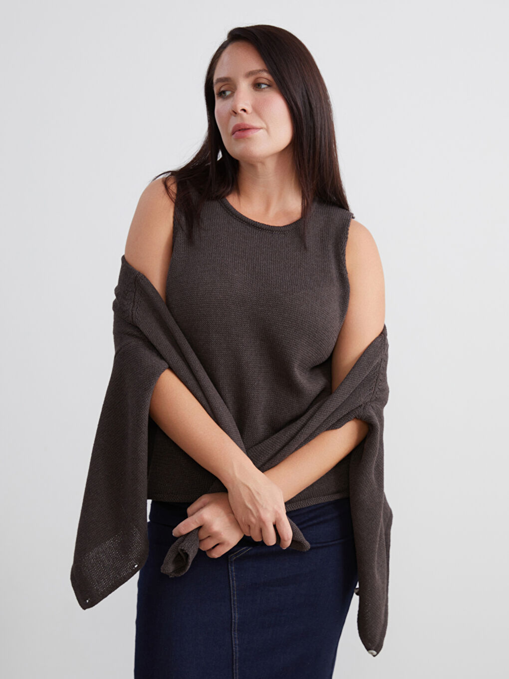 Kahverengi Büyük Beden Bisiklet Yaka Kadın Triko Kazak