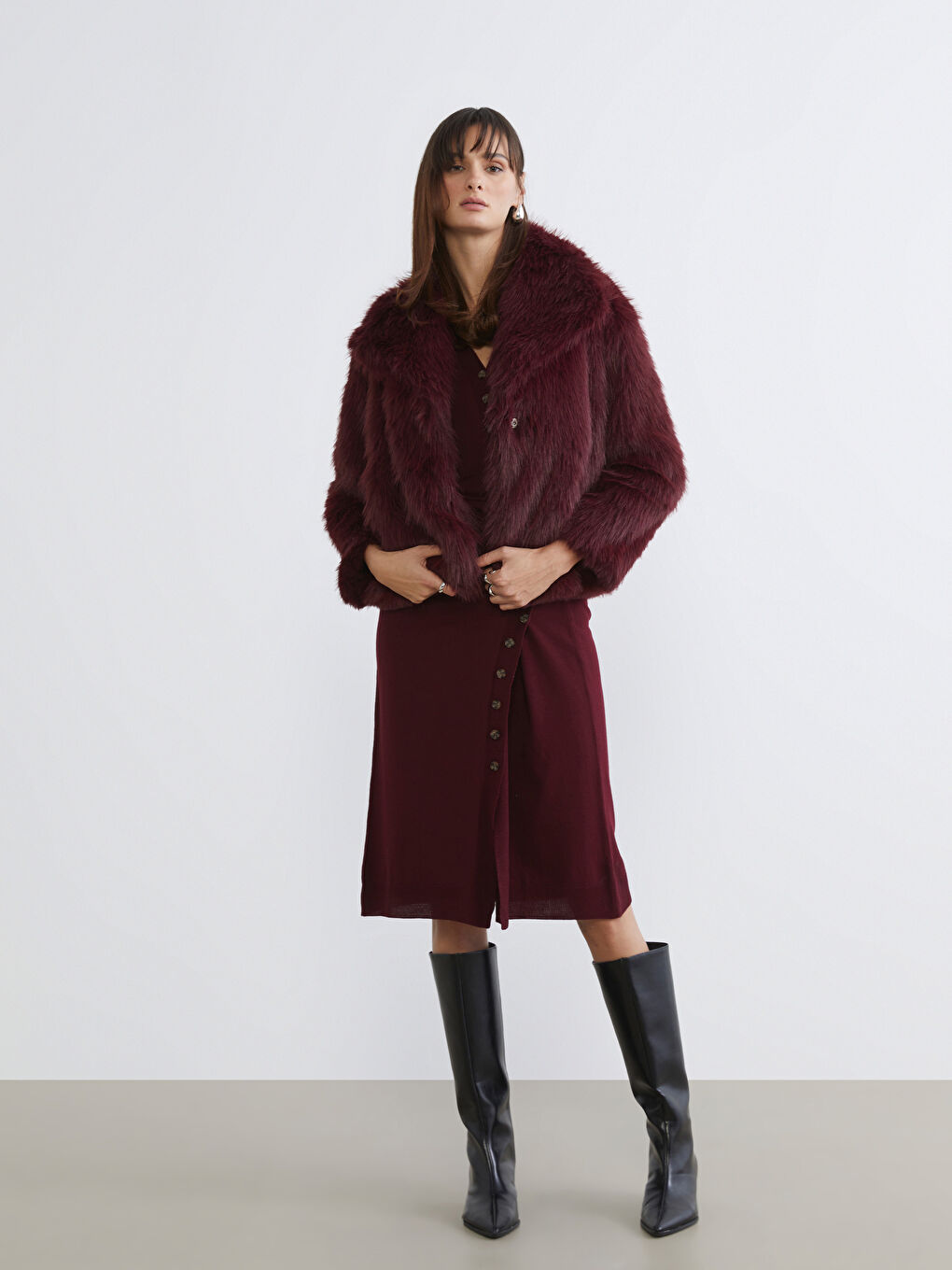 Bordo Ceket Yaka Kadın Kürk Mont-1