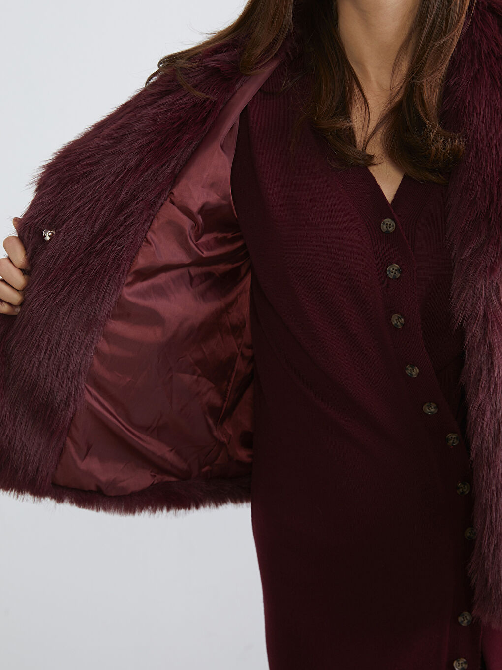 Bordo Ceket Yaka Kadın Kürk Mont-3