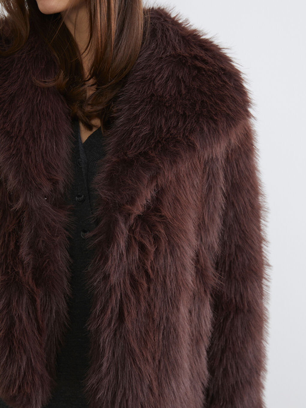 Kahverengi Ceket Yaka Kadın Kürk Mont-2