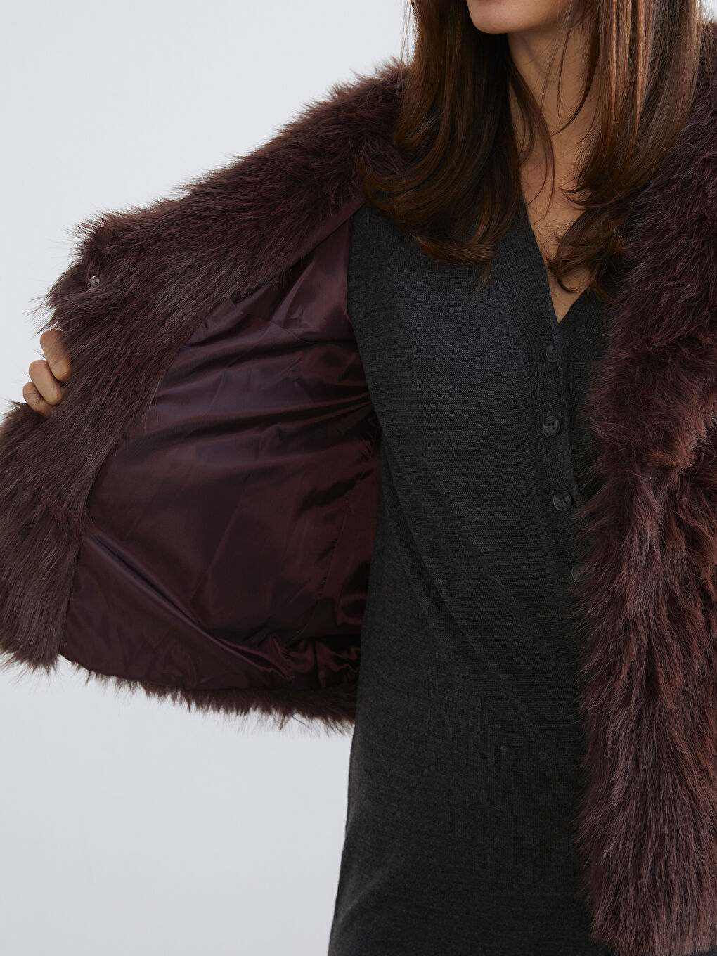 Kahverengi Ceket Yaka Kadın Kürk Mont-3