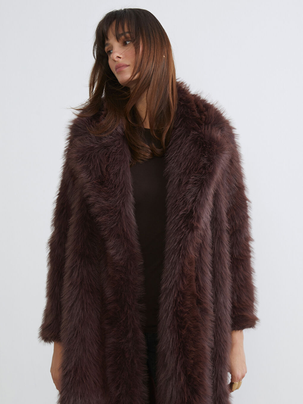 Kahverengi Ceket Yaka Kadın Kürk Kaban-1