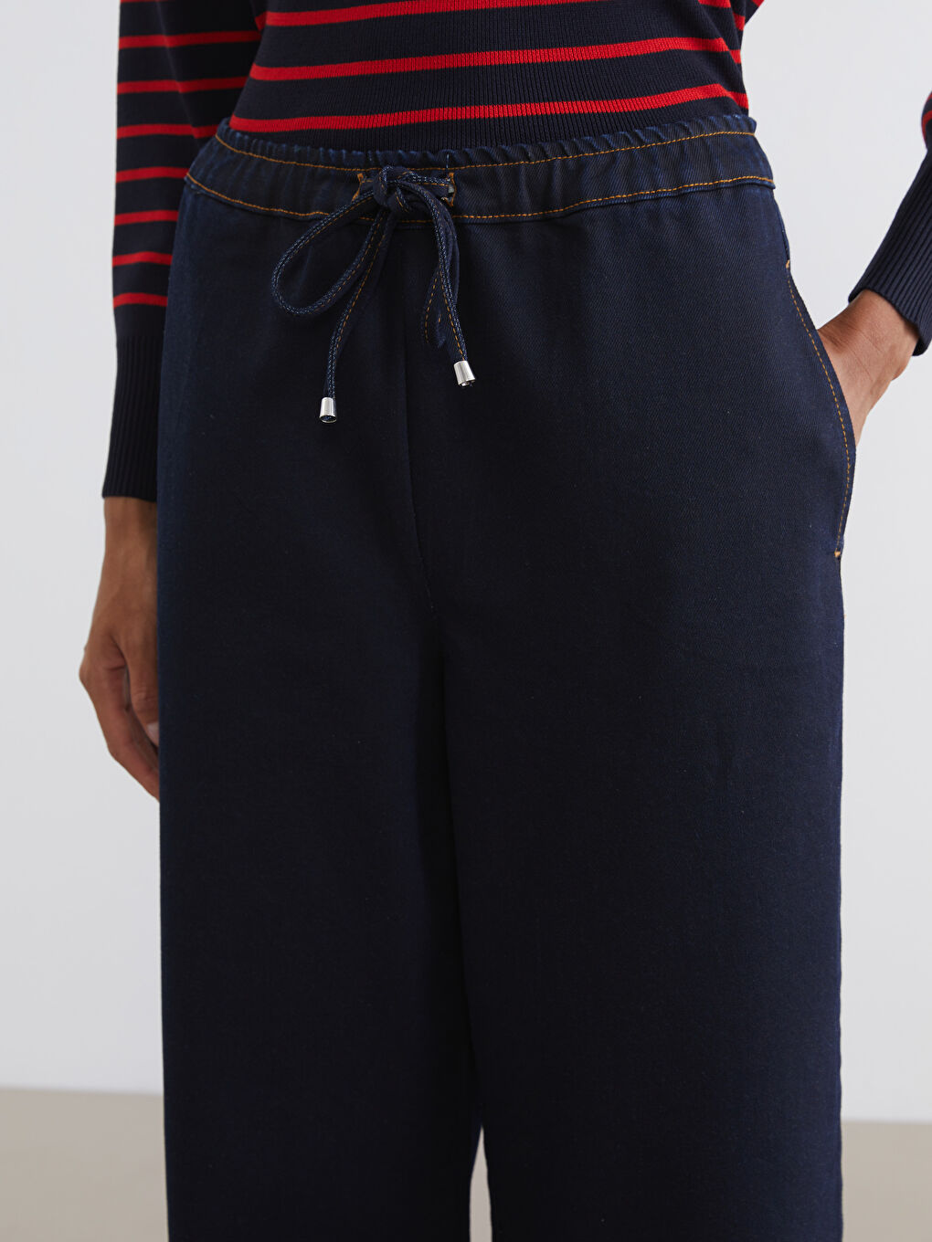 Lacivert Beli Lastikli Wideleg Kadın Jean Pantolon-2