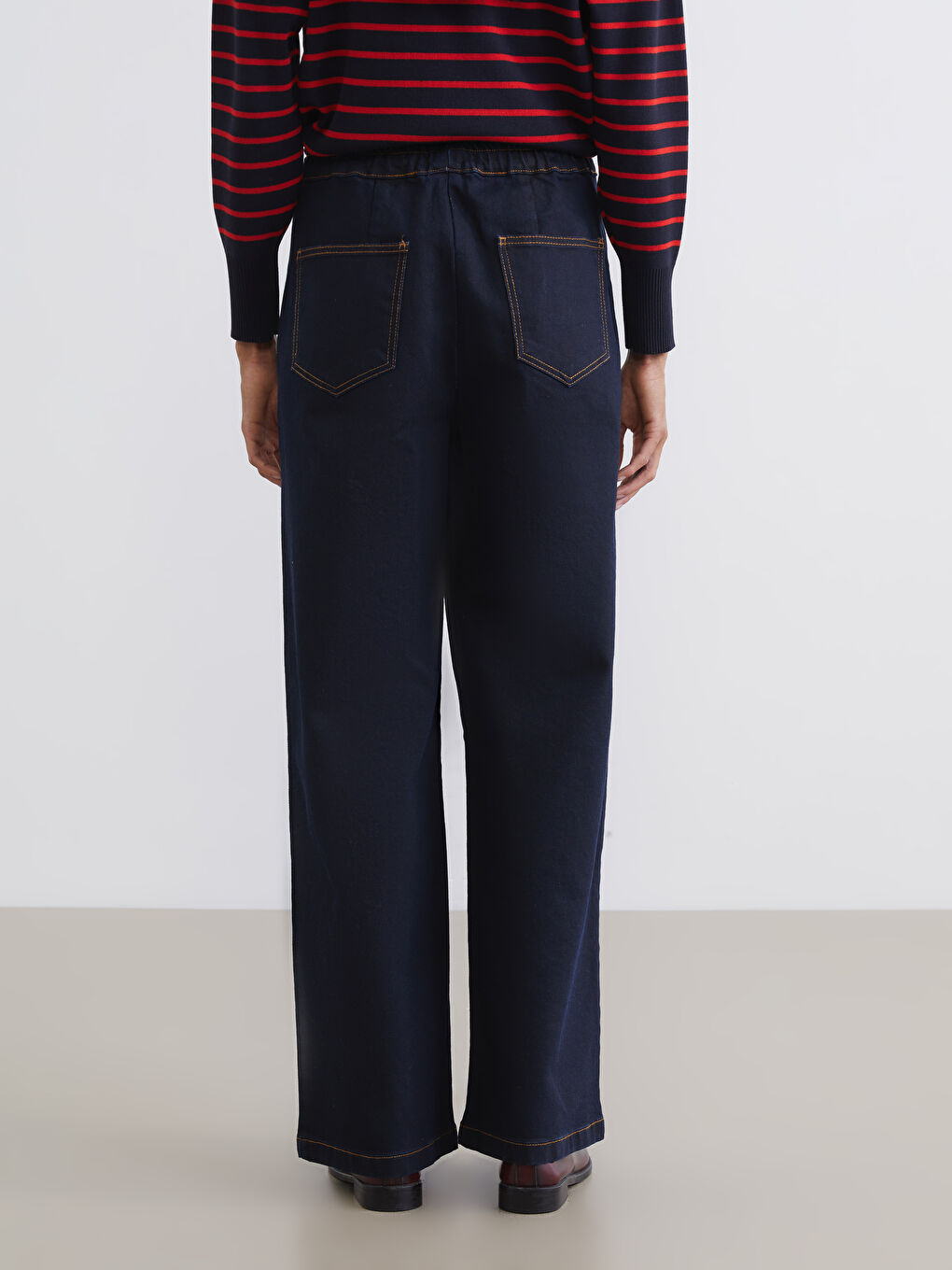 Lacivert Beli Lastikli Wideleg Kadın Jean Pantolon-3