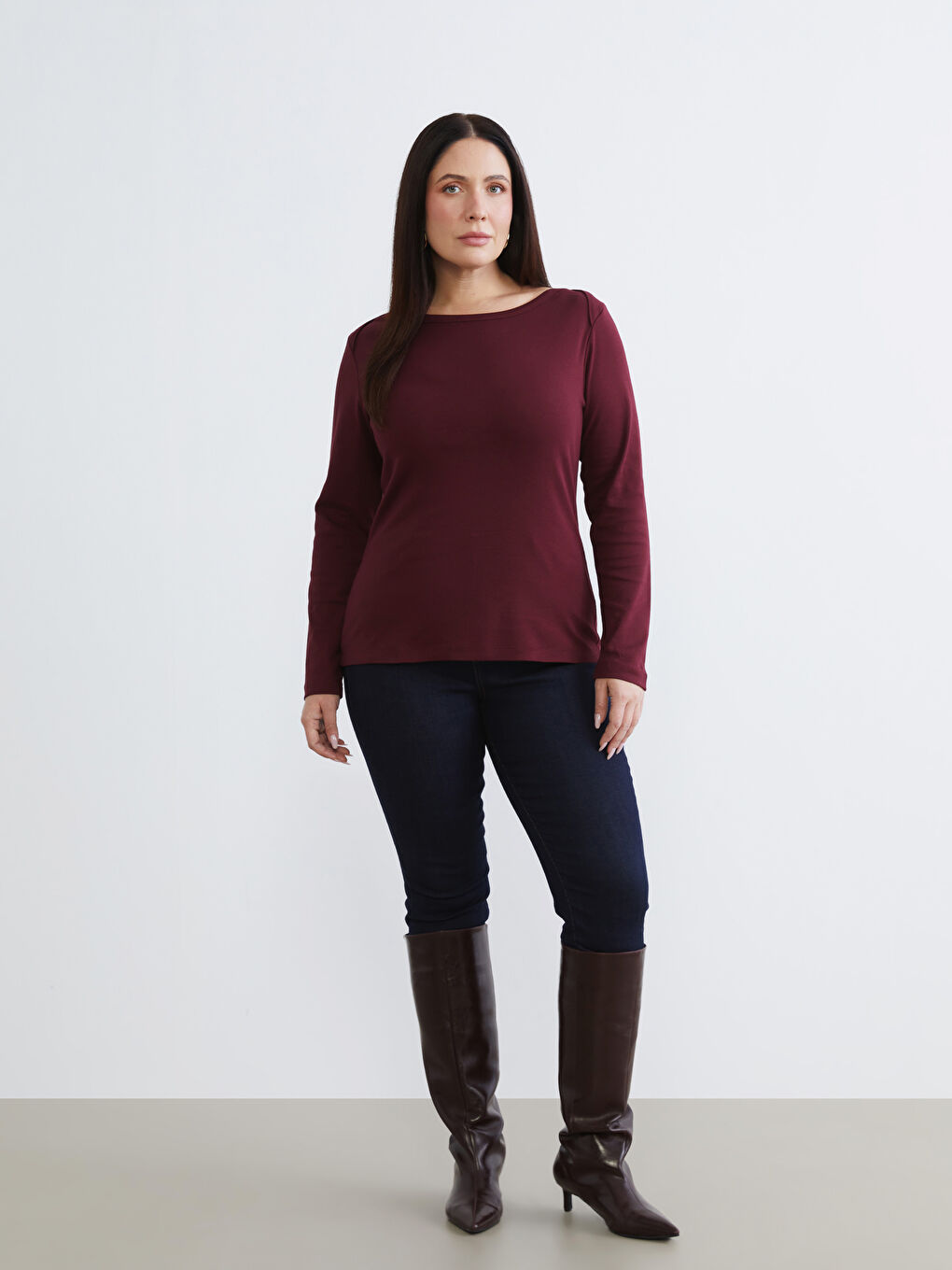 Bordo Büyük Beden Kayık Yaka Kadın Tişört 2'li-4