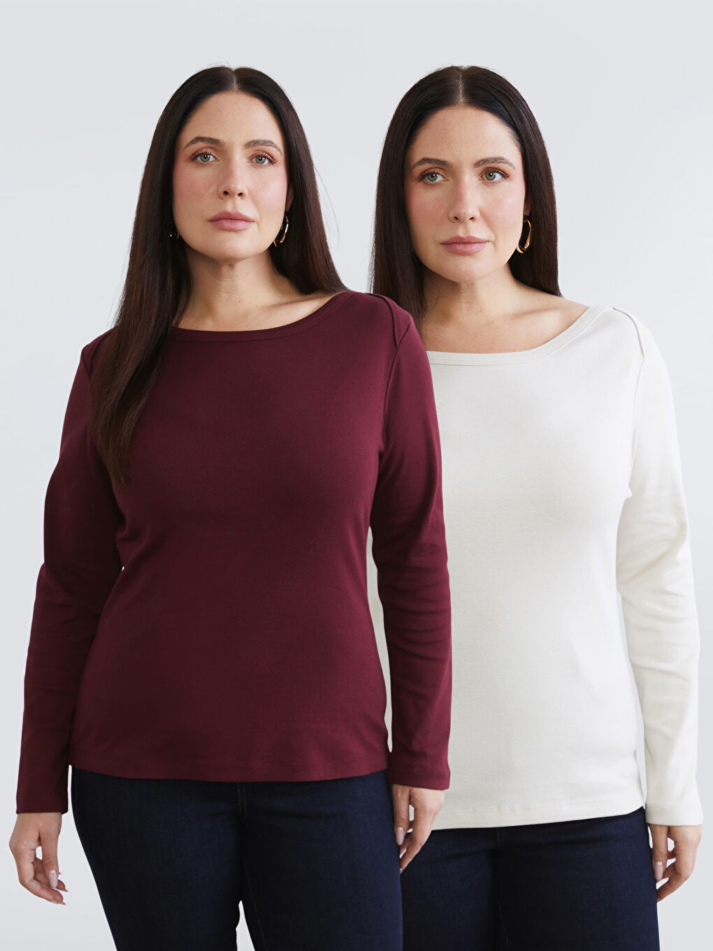 Bordo Büyük Beden Kayık Yaka Kadın Tişört 2'li-1