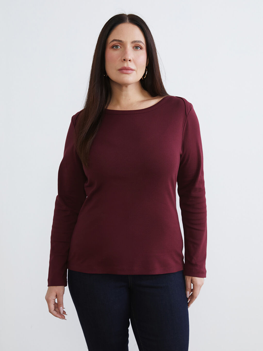 Bordo Büyük Beden Kayık Yaka Kadın Tişört 2'li-9