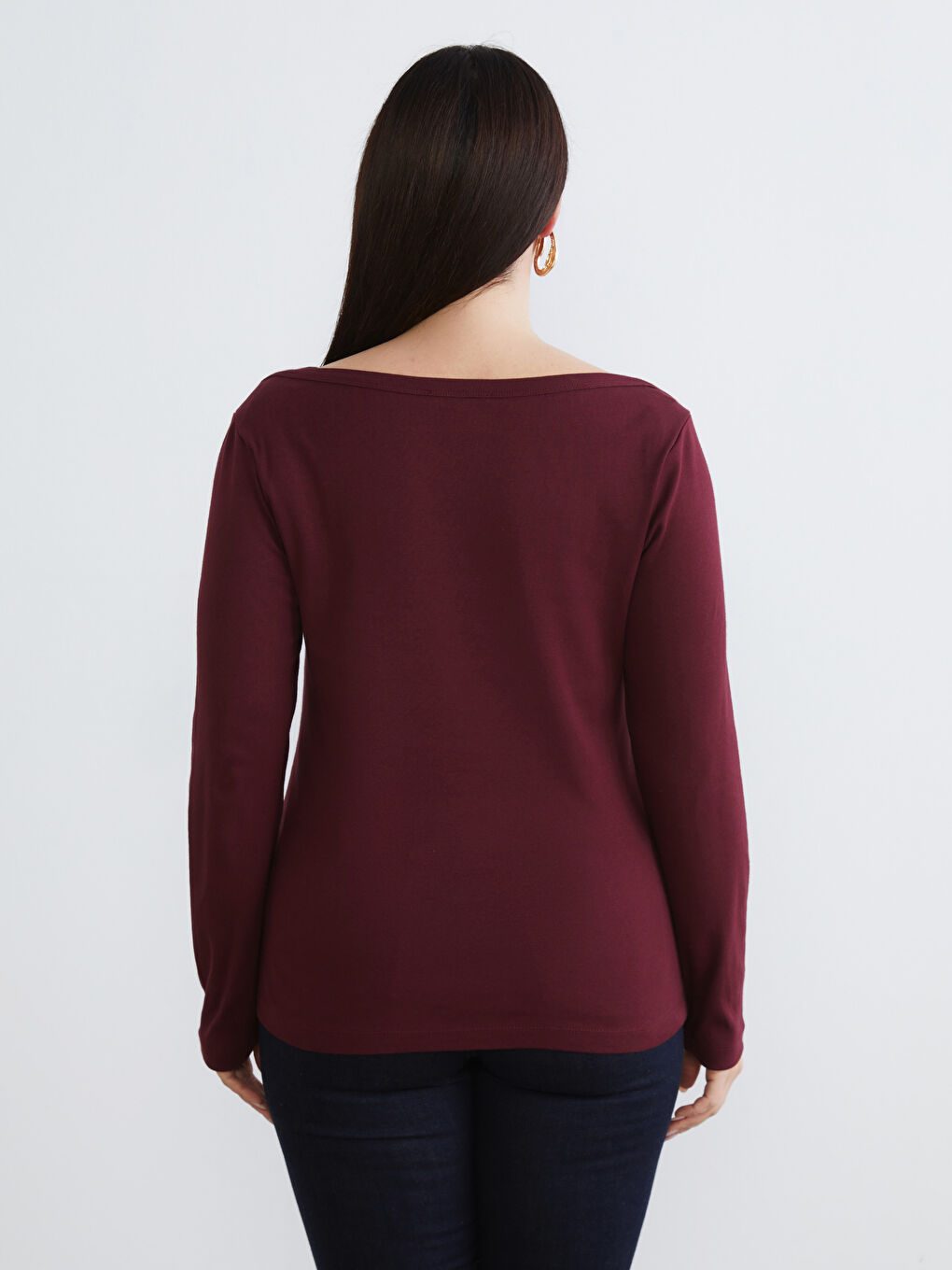 Bordo Büyük Beden Kayık Yaka Kadın Tişört 2'li-15