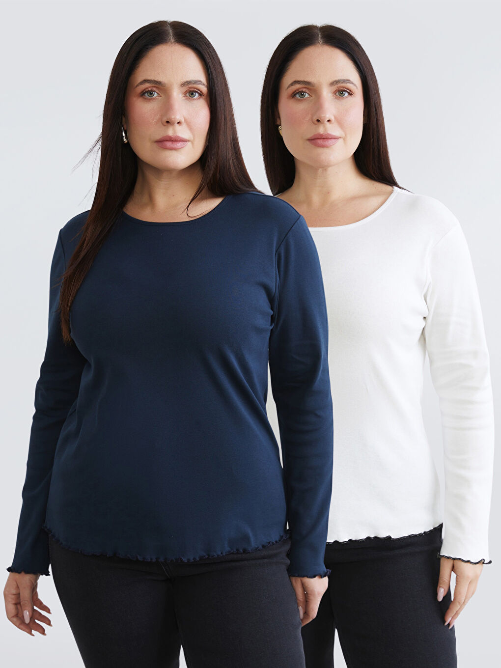 Lacivert Büyük Beden Bisiklet Yaka Kadın Tişört 2'li