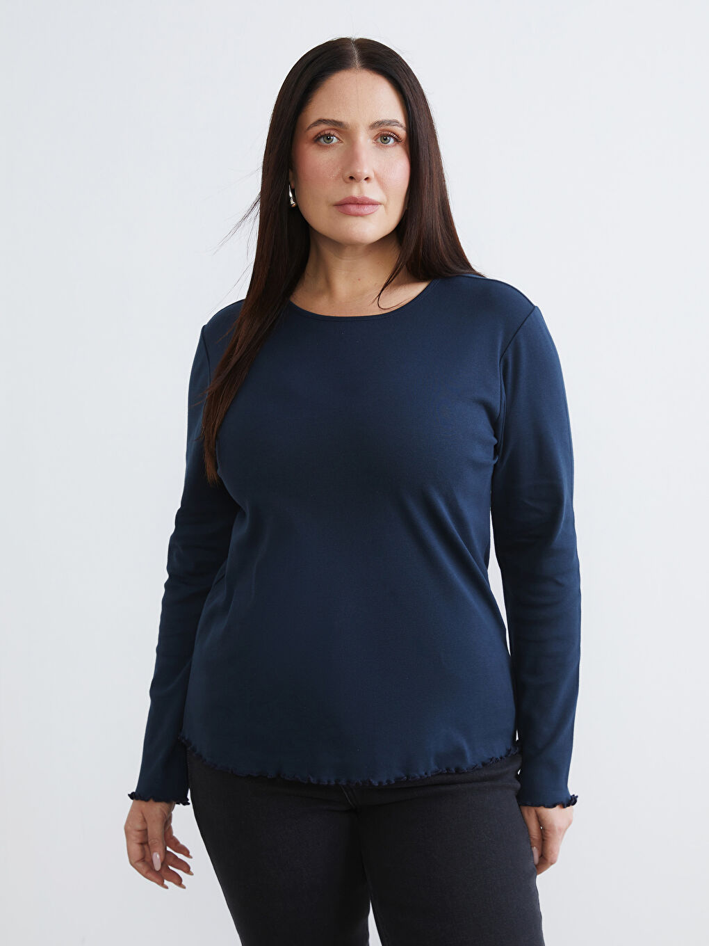 Lacivert Büyük Beden Bisiklet Yaka Kadın Tişört 2'li-2