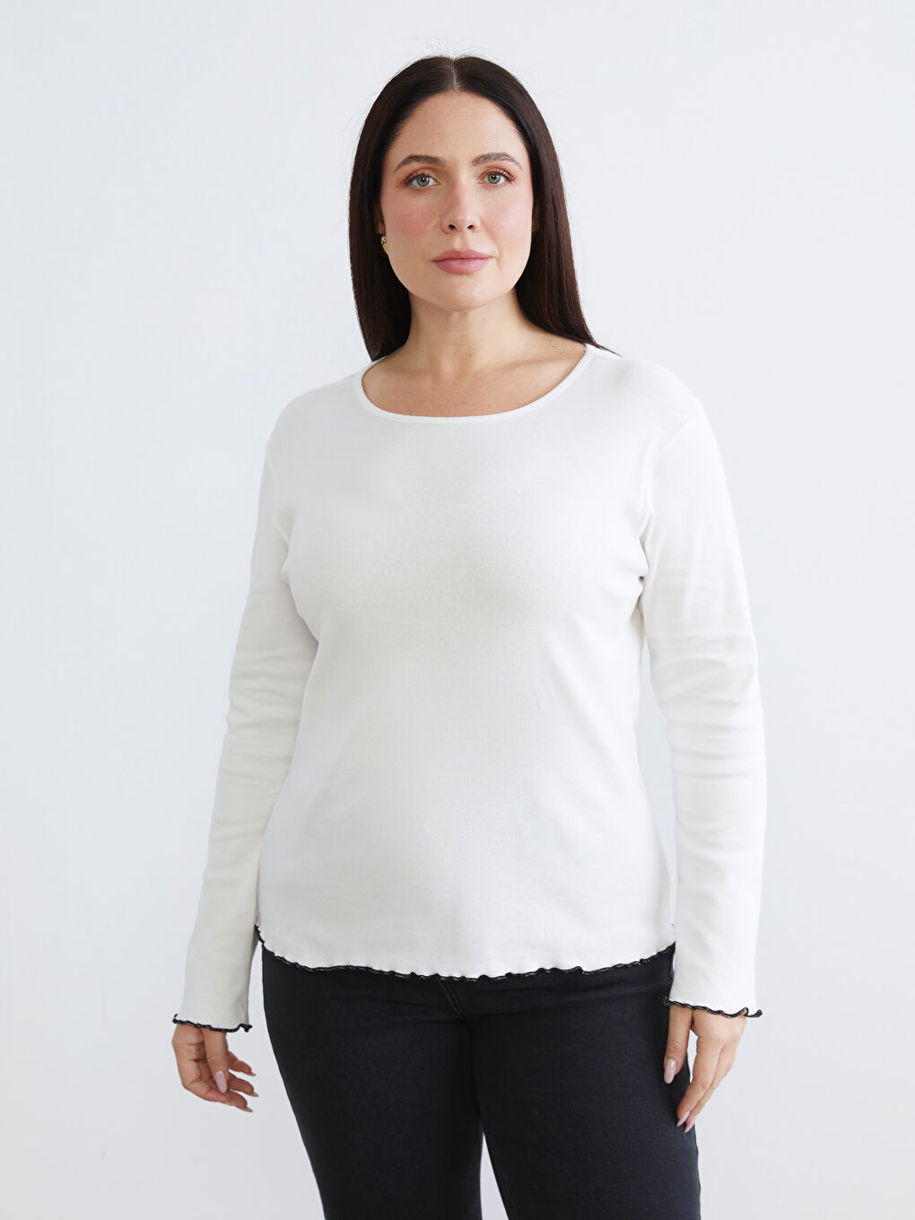 Lacivert Büyük Beden Bisiklet Yaka Kadın Tişört 2'li-3