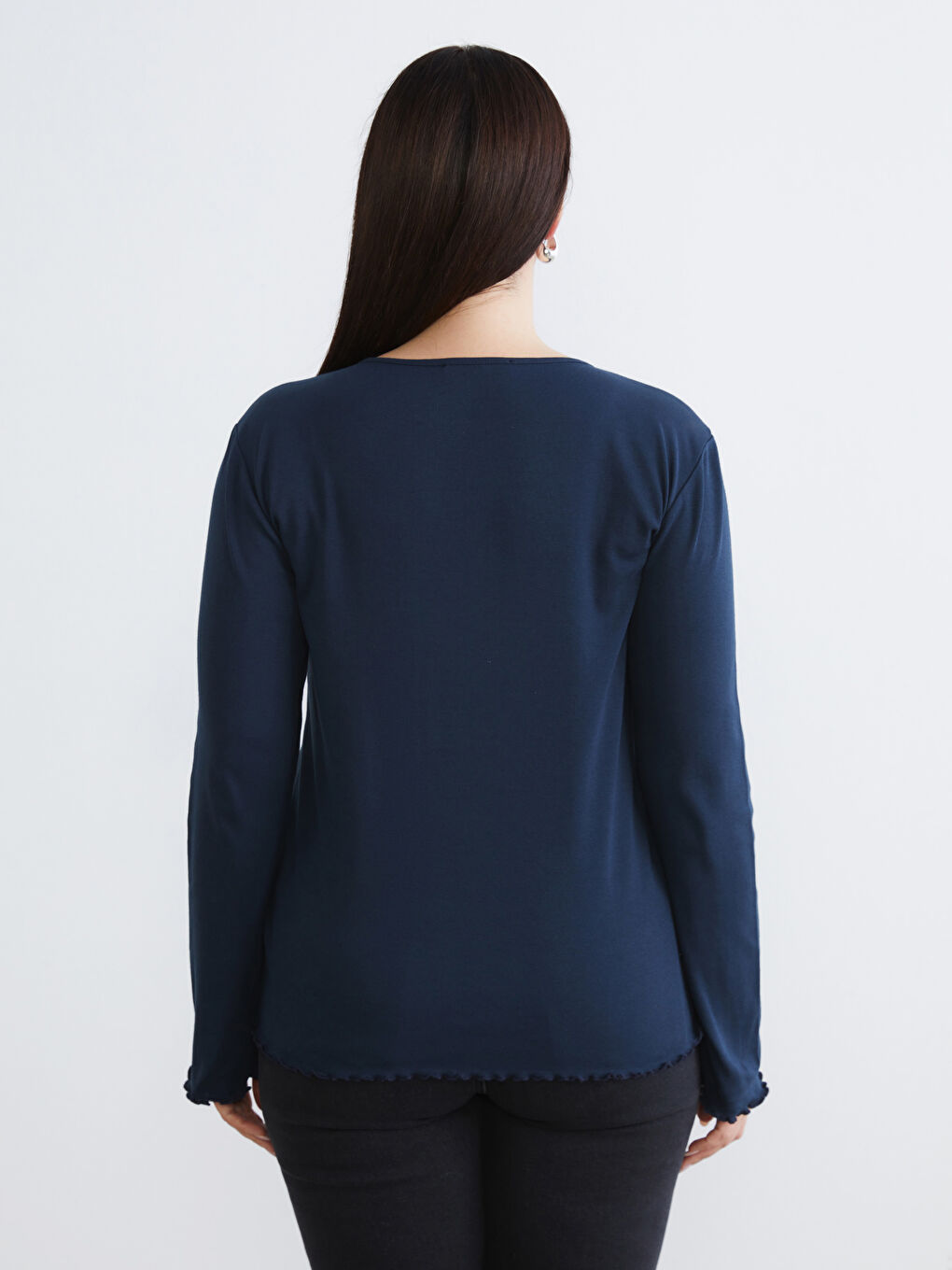 Lacivert Büyük Beden Bisiklet Yaka Kadın Tişört 2'li-15