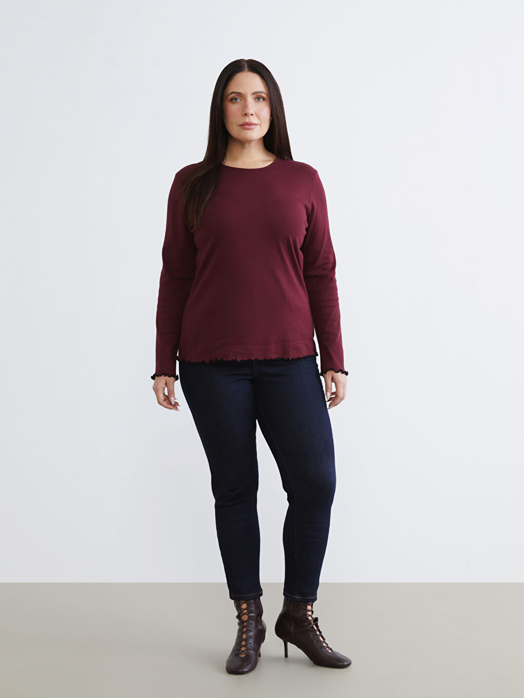 Bordo Büyük Beden Bisiklet Yaka Kadın Tişört 2'li-11