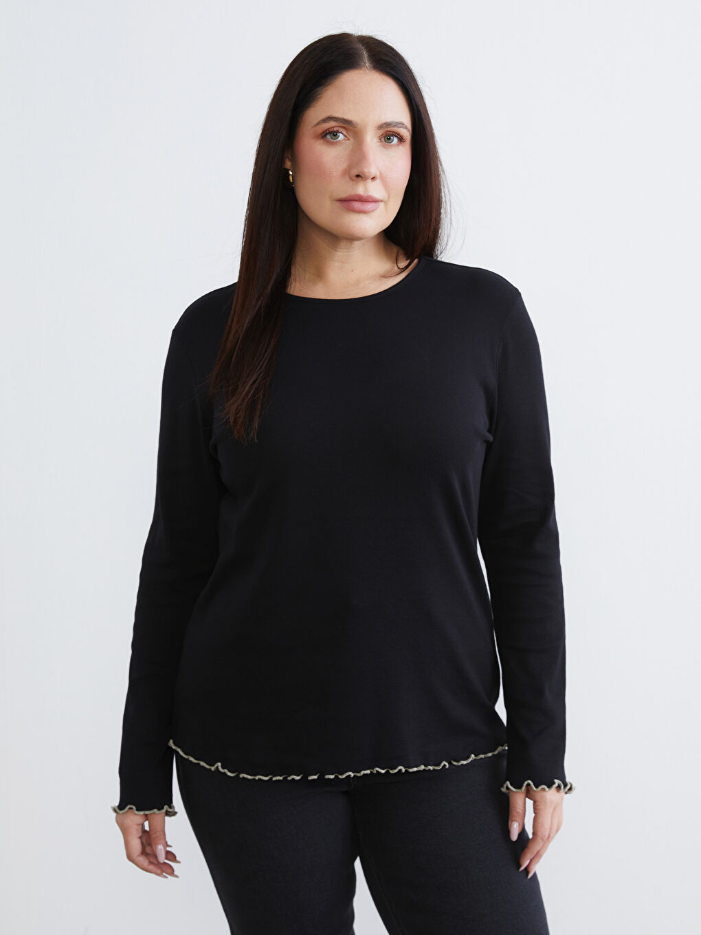 Siyah Büyük Beden Bisiklet Yaka Kadın Tişört 2'li-2